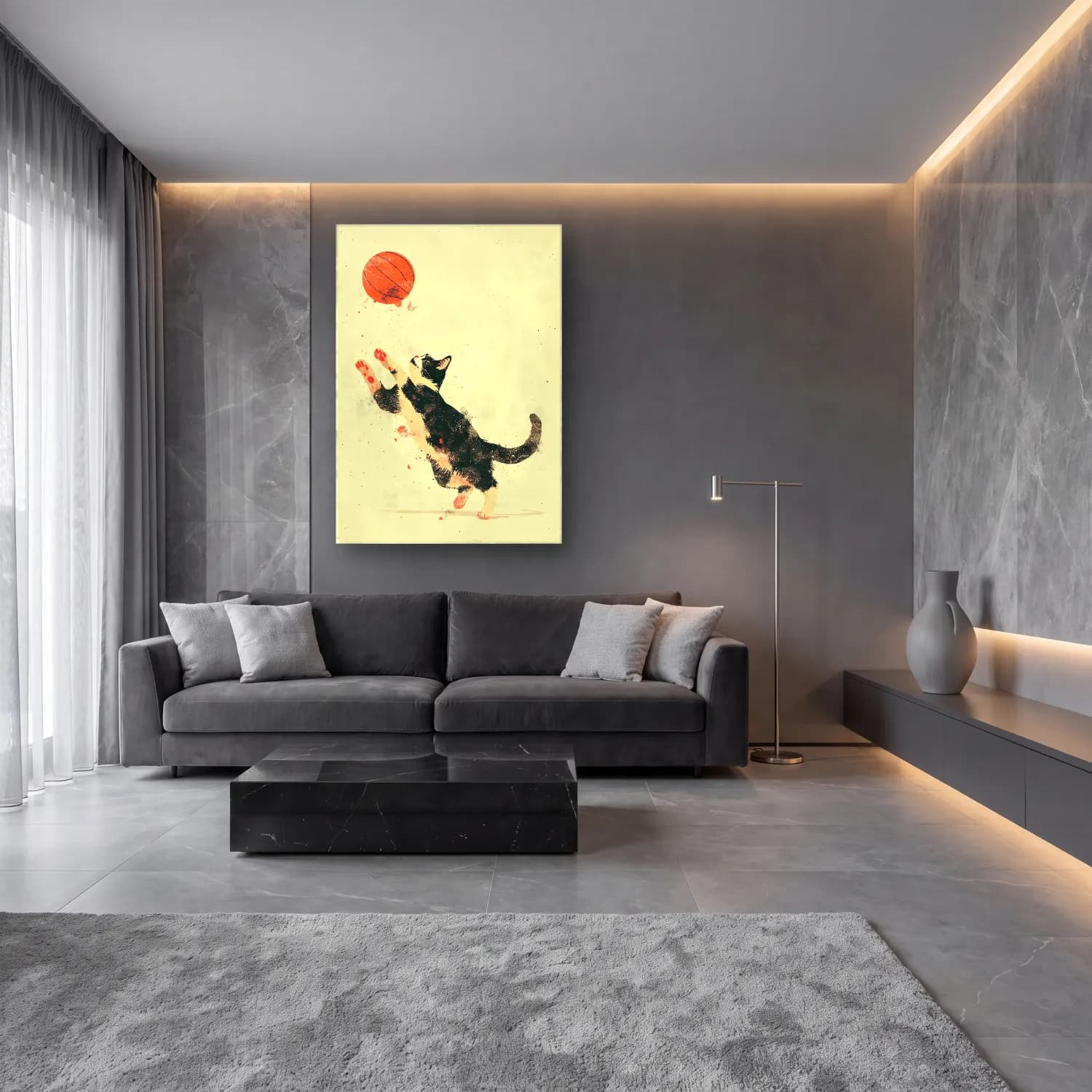 Vintage Kedi No. 15 cam tablo — lüks salon duvarında