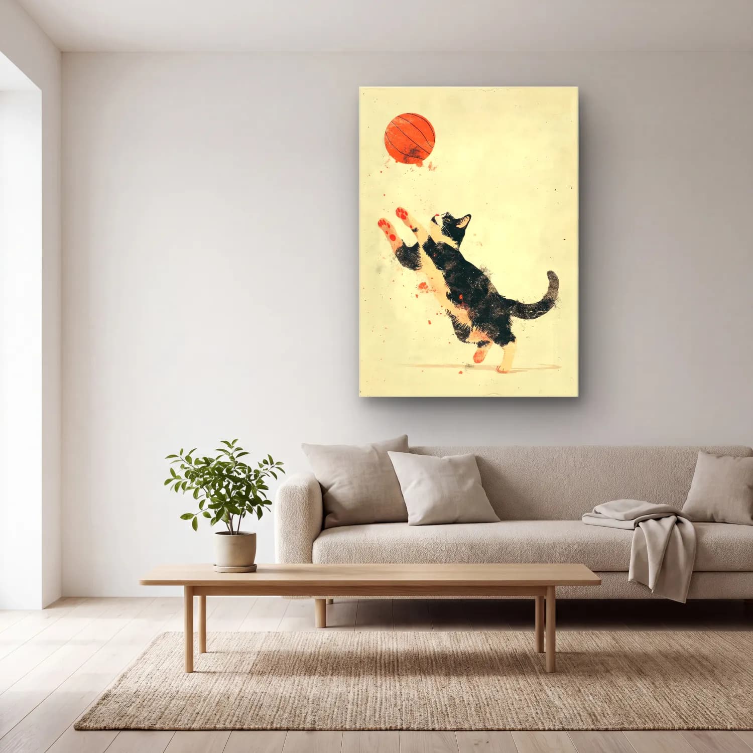 Vintage Kedi No. 15 cam tablo — açık renk salonda