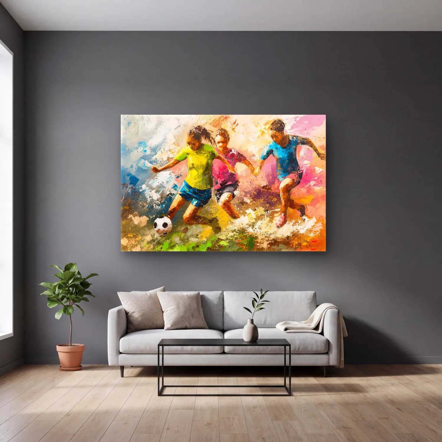 Yağlı Boya Tenis – Pastel Tonlar cam tablo — gri duvarlı salonda