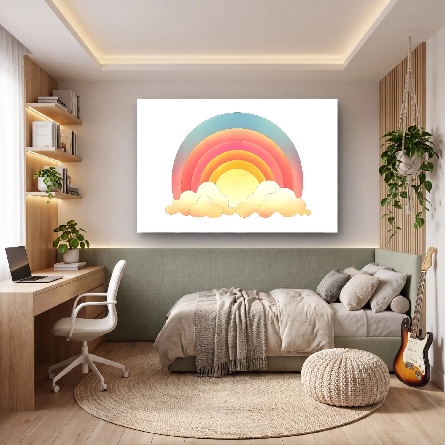 Pastel Güneş ve Gökkuşağı – Pastel Tonlar cam tablo — genç odasında