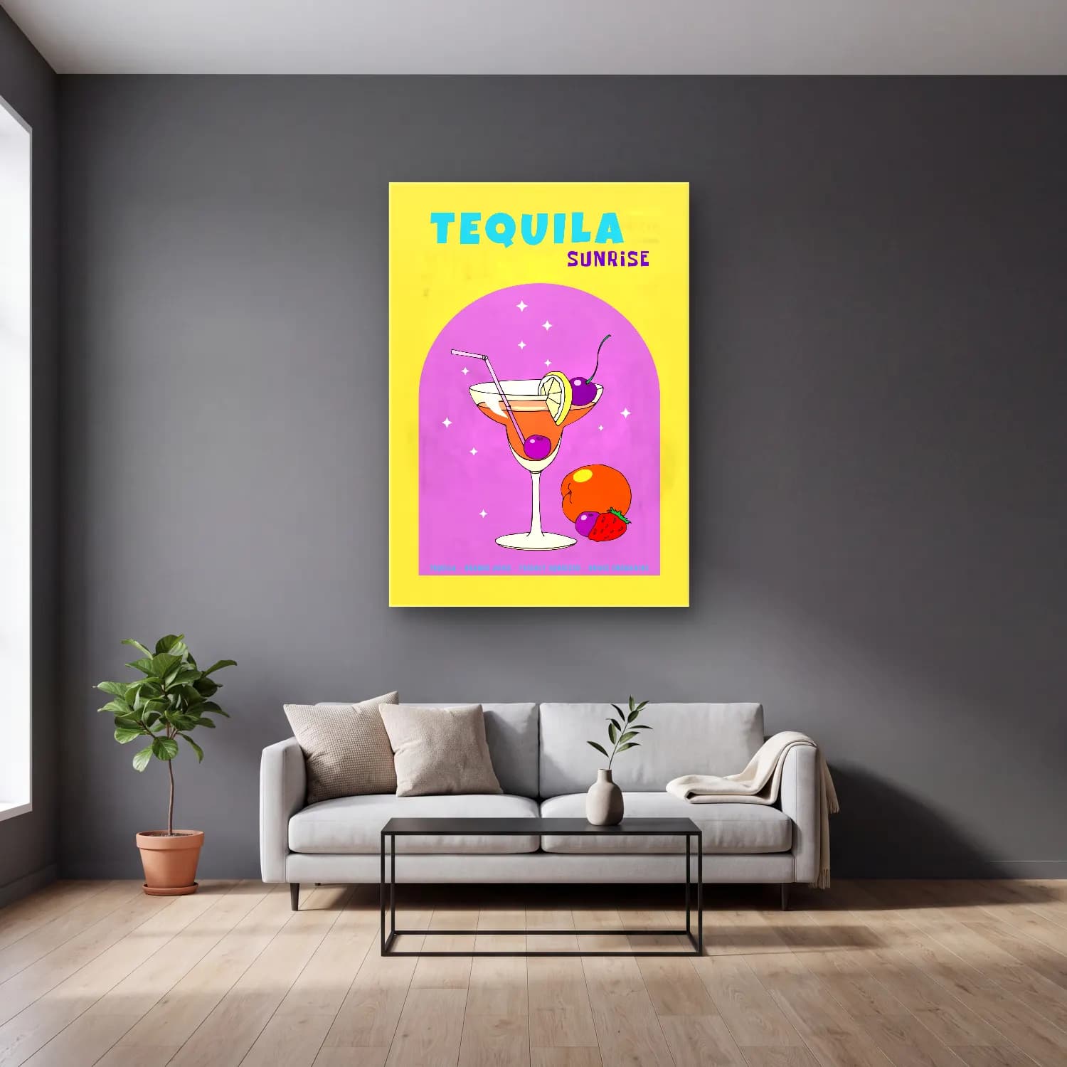 Retro Kokteyl No. 6 cam tablo — gri duvarlı salonda