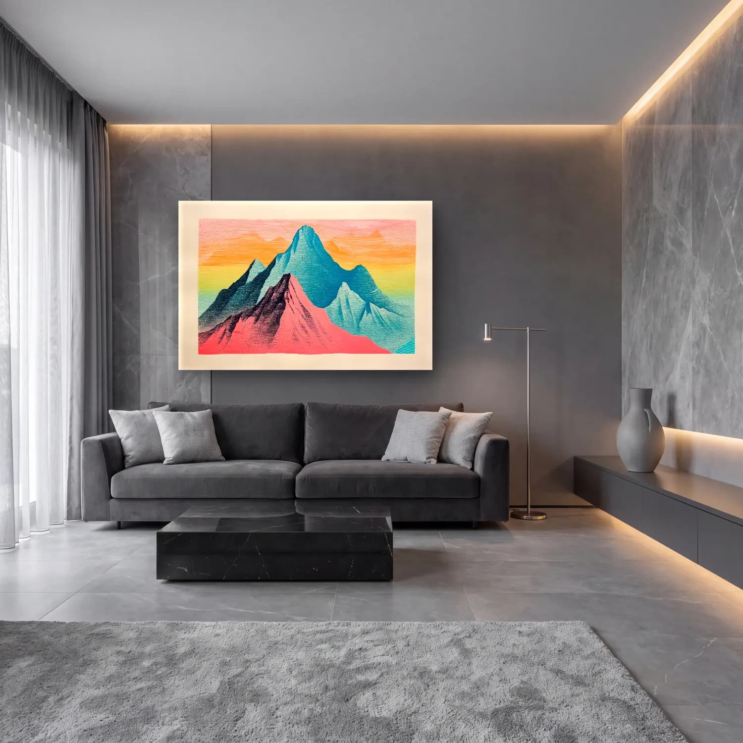 Pastel Dağ Manzarası cam tablo — lüks salon duvarında