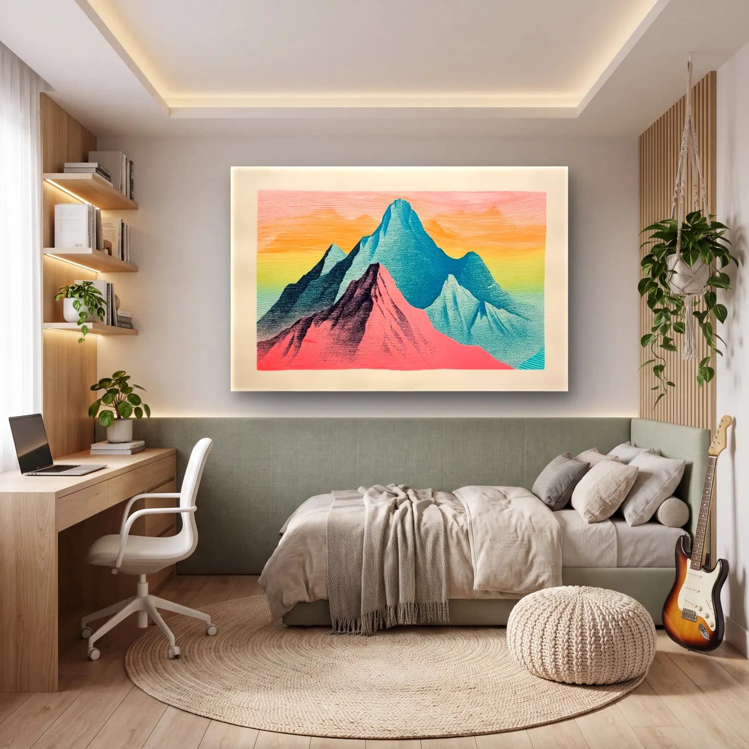 Pastel Dağ Manzarası cam tablo — genç odasında
