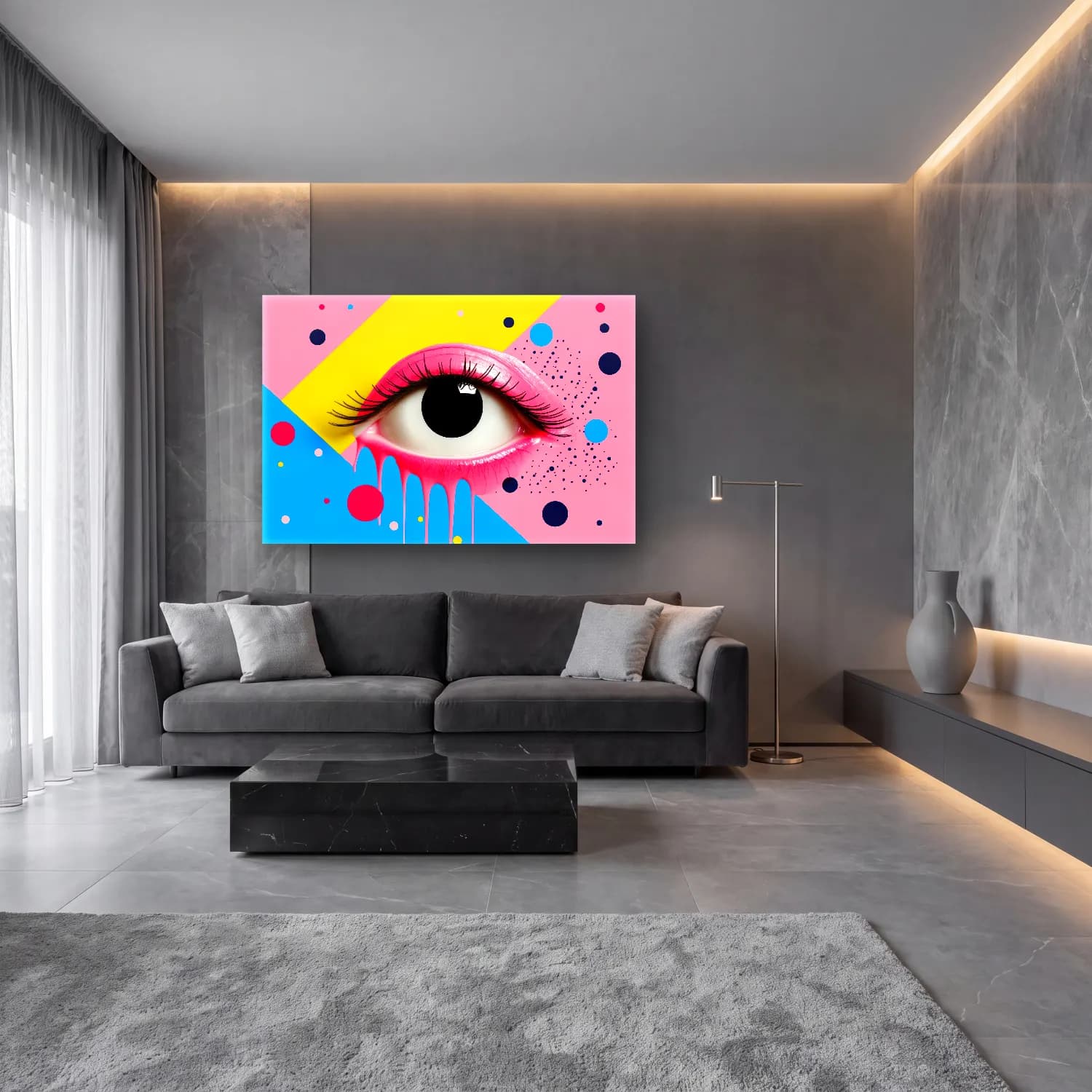 Pop Art Soyut Yüz – Pembe Tonlar cam tablo — lüks salon duvarında