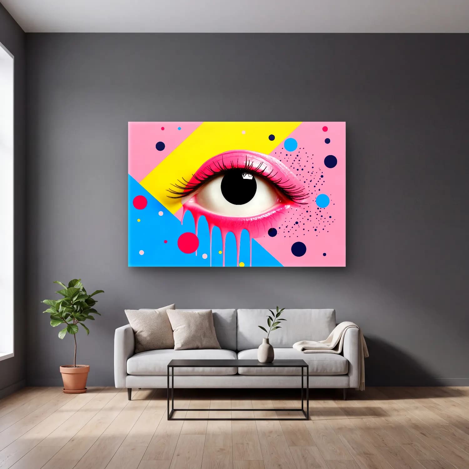 Pop Art Soyut Yüz – Pembe Tonlar cam tablo — gri duvarlı salonda