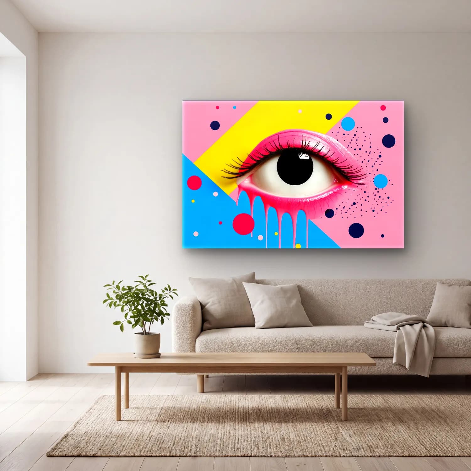 Pop Art Soyut Yüz – Pembe Tonlar cam tablo — açık renk salonda