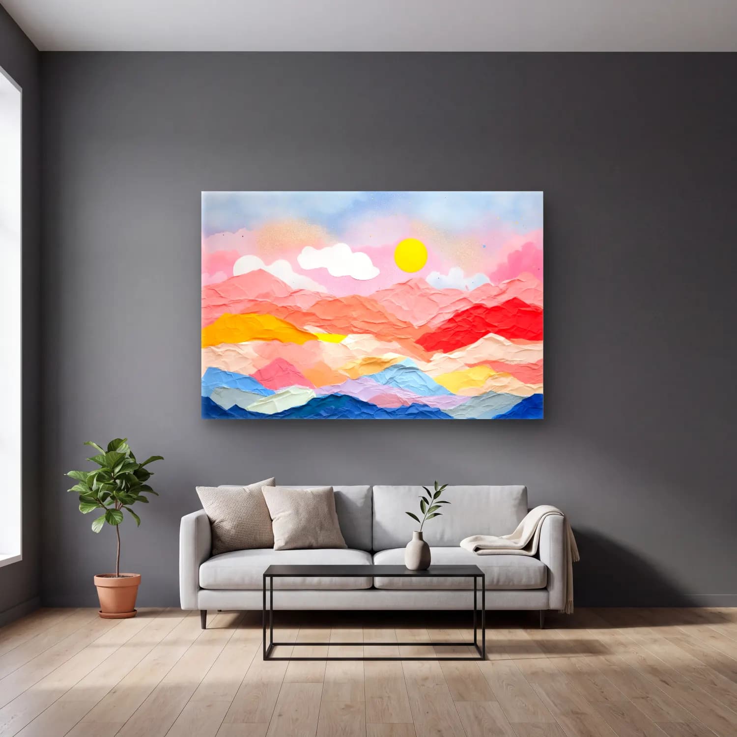 Pastel Renk Alanları No. 12 cam tablo — gri duvarlı salonda