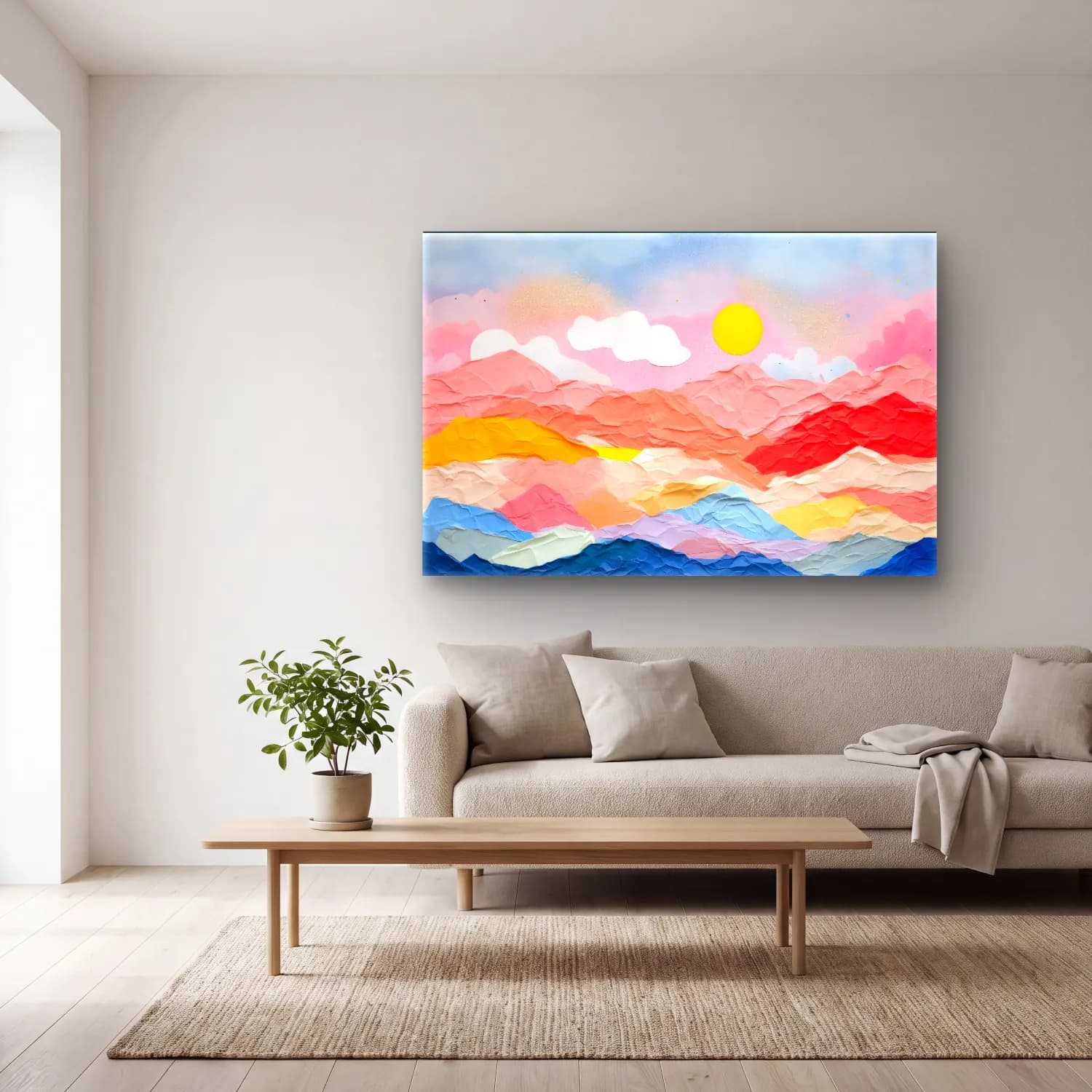 Pastel Renk Alanları No. 12 cam tablo — açık renk salonda