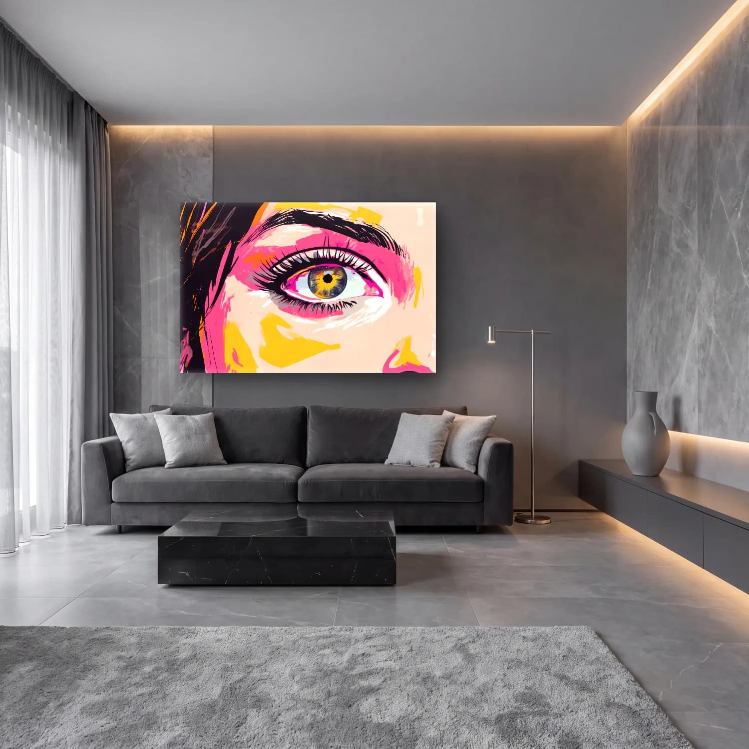 Pop Art Soyut Yüz – Sarı Tonlar cam tablo — lüks salon duvarında