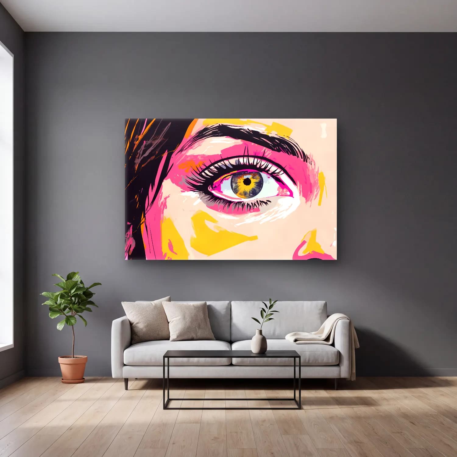 Pop Art Soyut Yüz – Sarı Tonlar cam tablo — gri duvarlı salonda