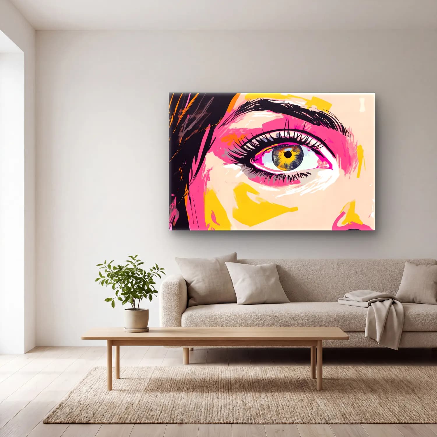 Pop Art Soyut Yüz – Sarı Tonlar cam tablo — açık renk salonda