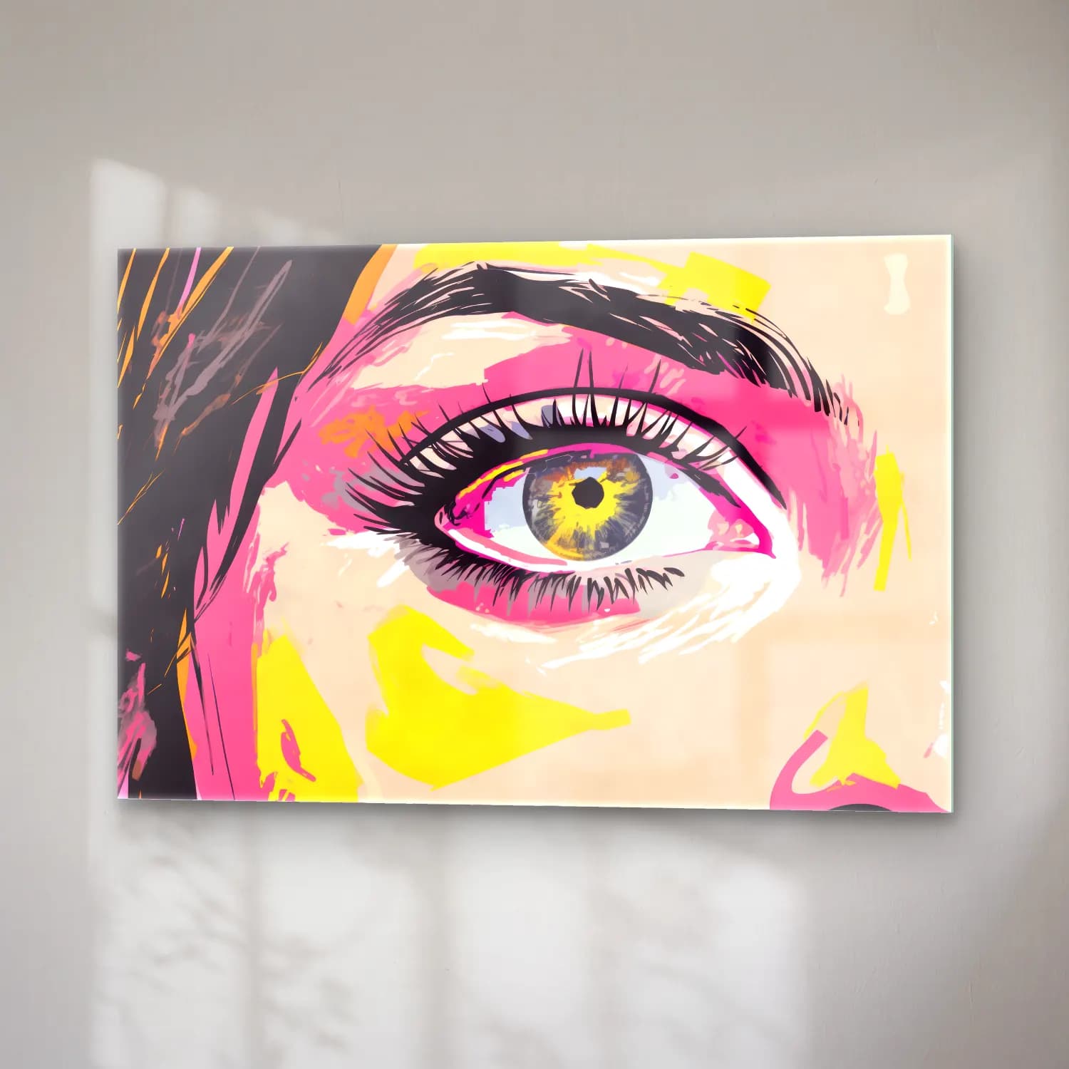 Pop Art Soyut Yüz – Sarı Tonlar cam tablo — sağ açıdan görünüm