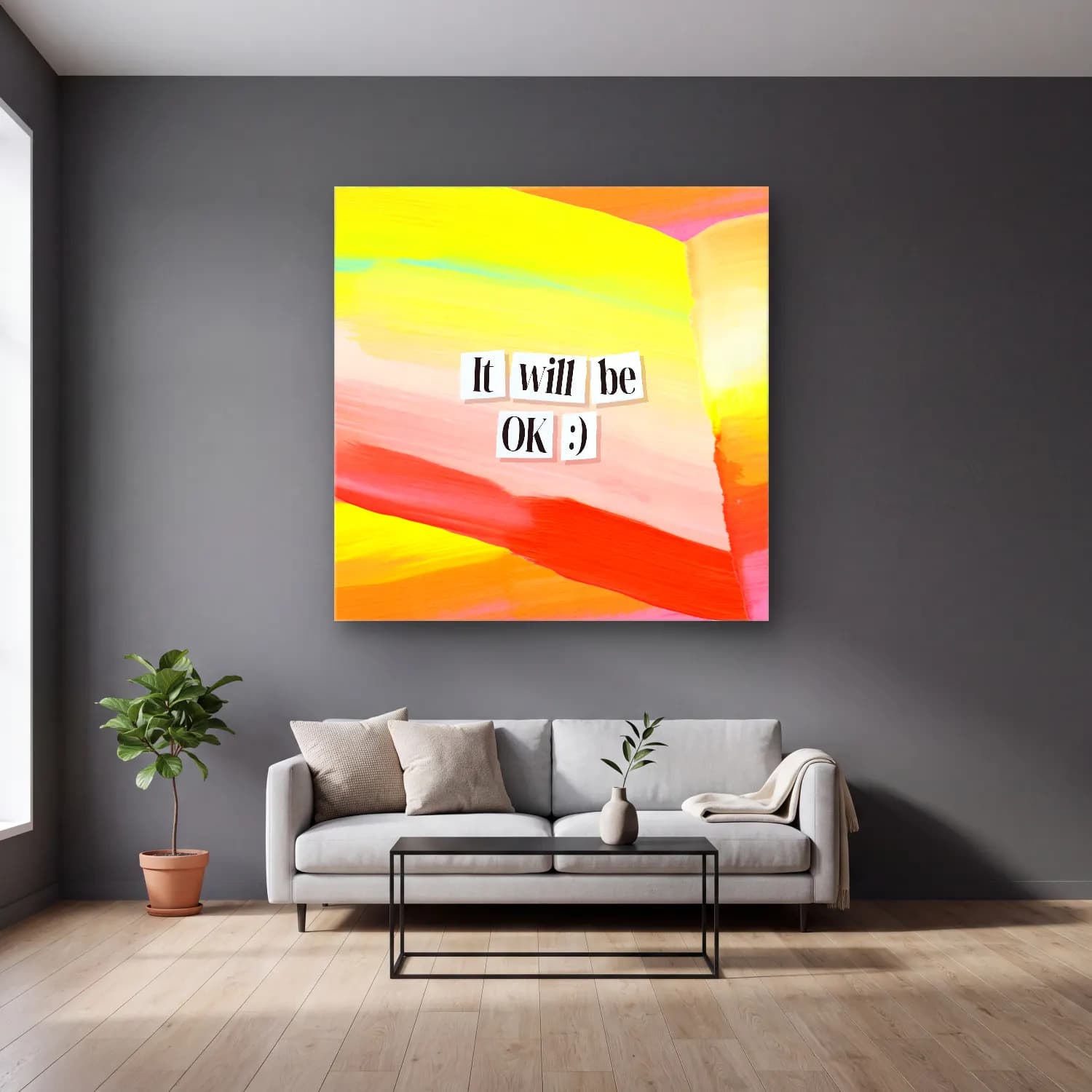 Pastel Söz Posteri No. 4 cam tablo — gri duvarlı salonda