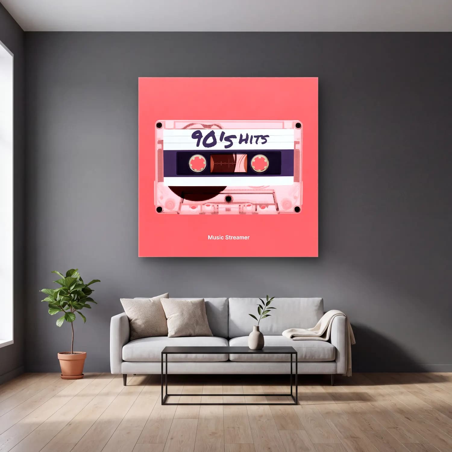 Pastel Plak cam tablo — gri duvarlı salonda