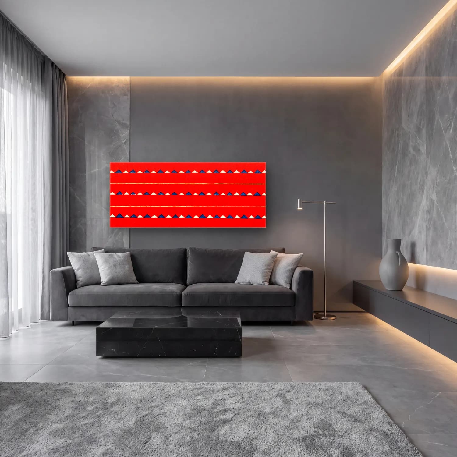 Boho Mısır Piramitleri cam tablo — lüks salon duvarında