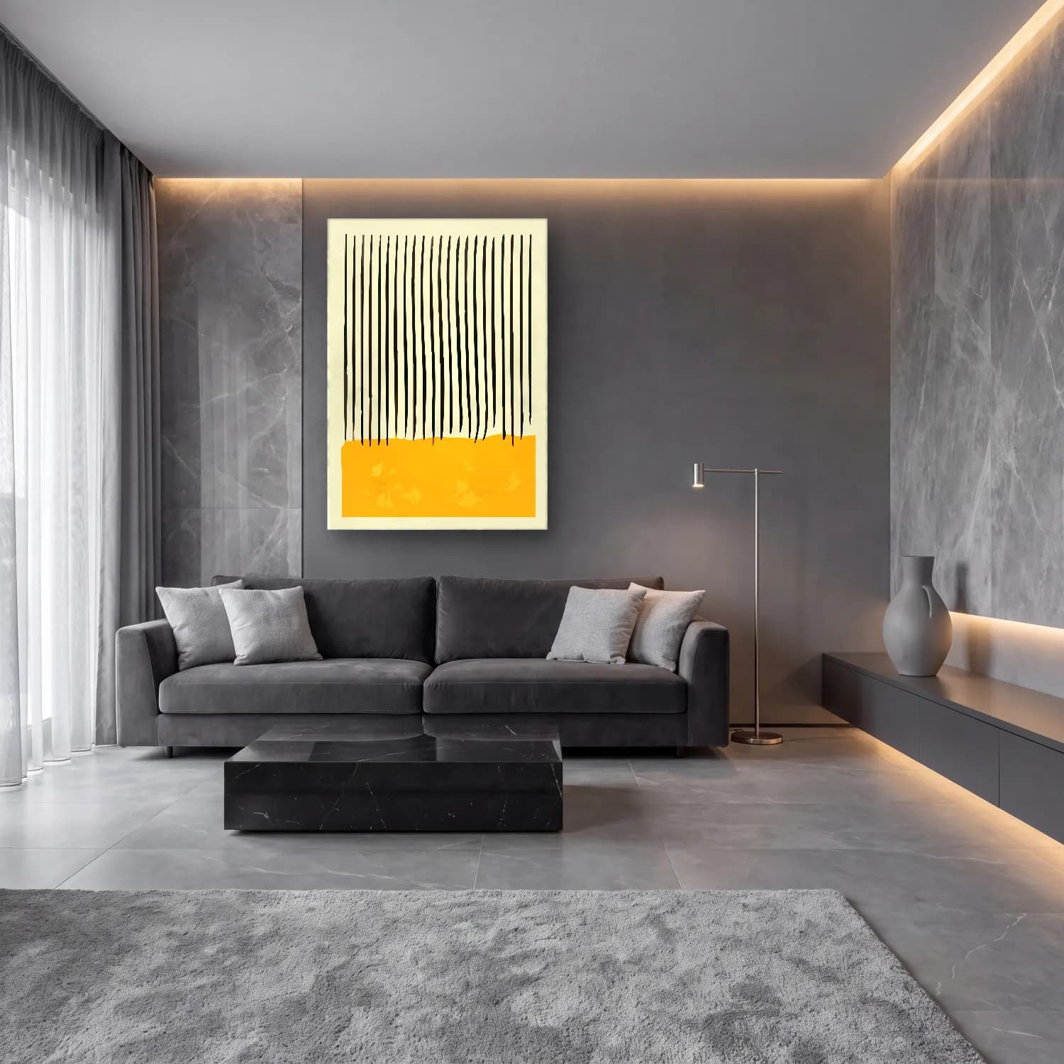 Boho Dalgalı Çizgiler No. 9 cam tablo — lüks salon duvarında