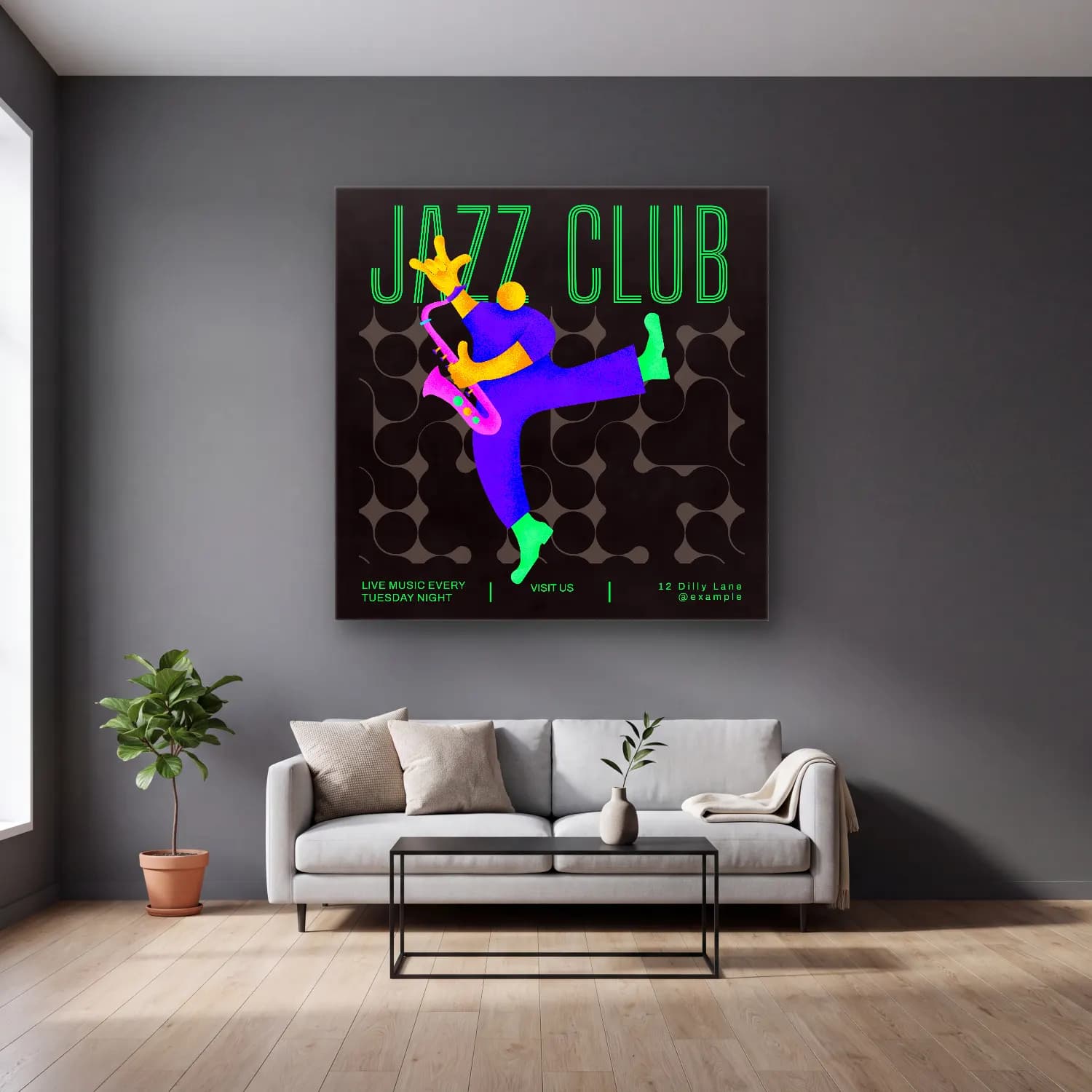 Vintage Poster Plak cam tablo — gri duvarlı salonda