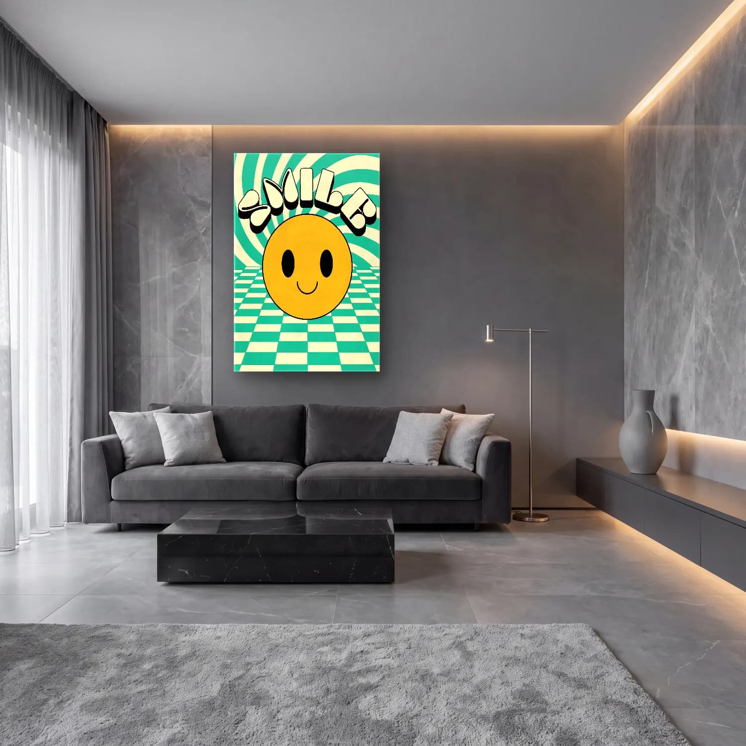 Sevimli İllüstrasyon Dama Deseni – Sarı Tonlar cam tablo — lüks salon duvarında