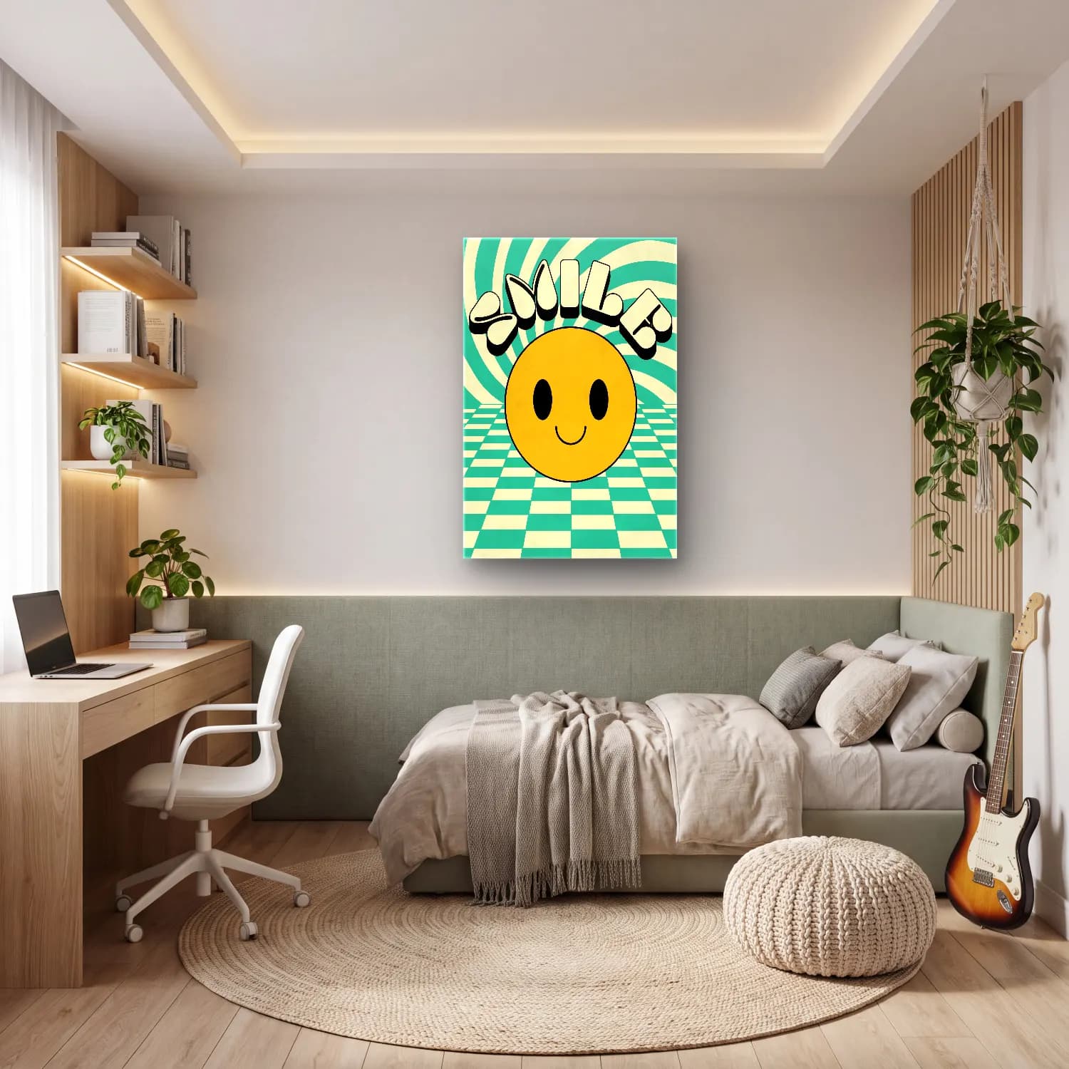 Sevimli İllüstrasyon Dama Deseni – Sarı Tonlar cam tablo — genç odasında
