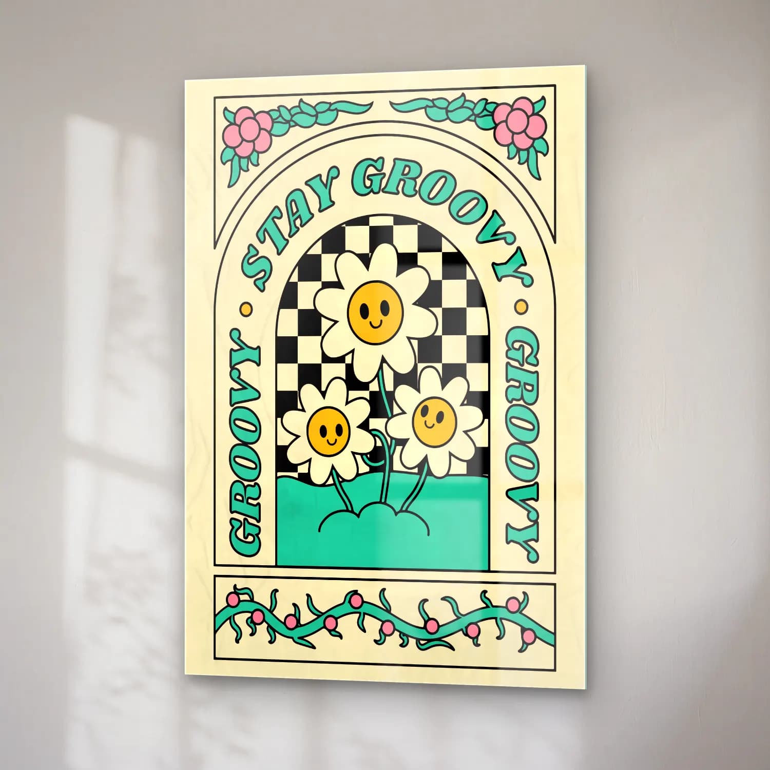 Retro Dama Deseni No. 11 cam tablo — sağ açıdan görünüm