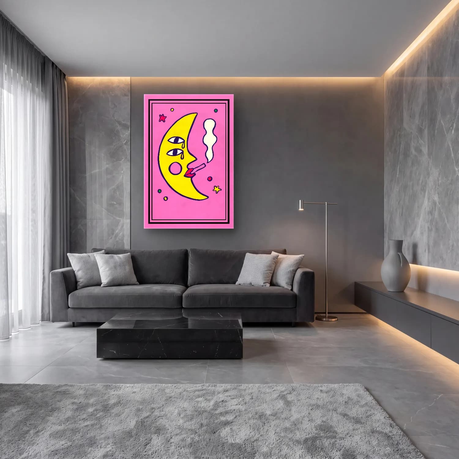 Pastel Ay ve Gece cam tablo — lüks salon duvarında