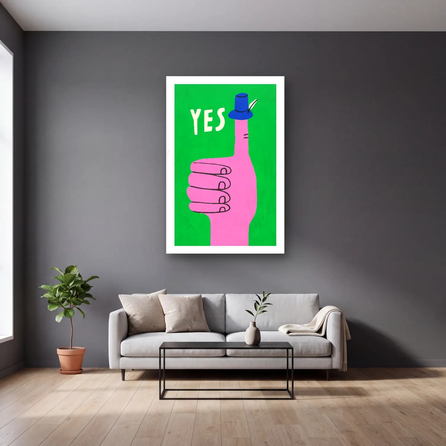 Pop Art Eller cam tablo — gri duvarlı salonda
