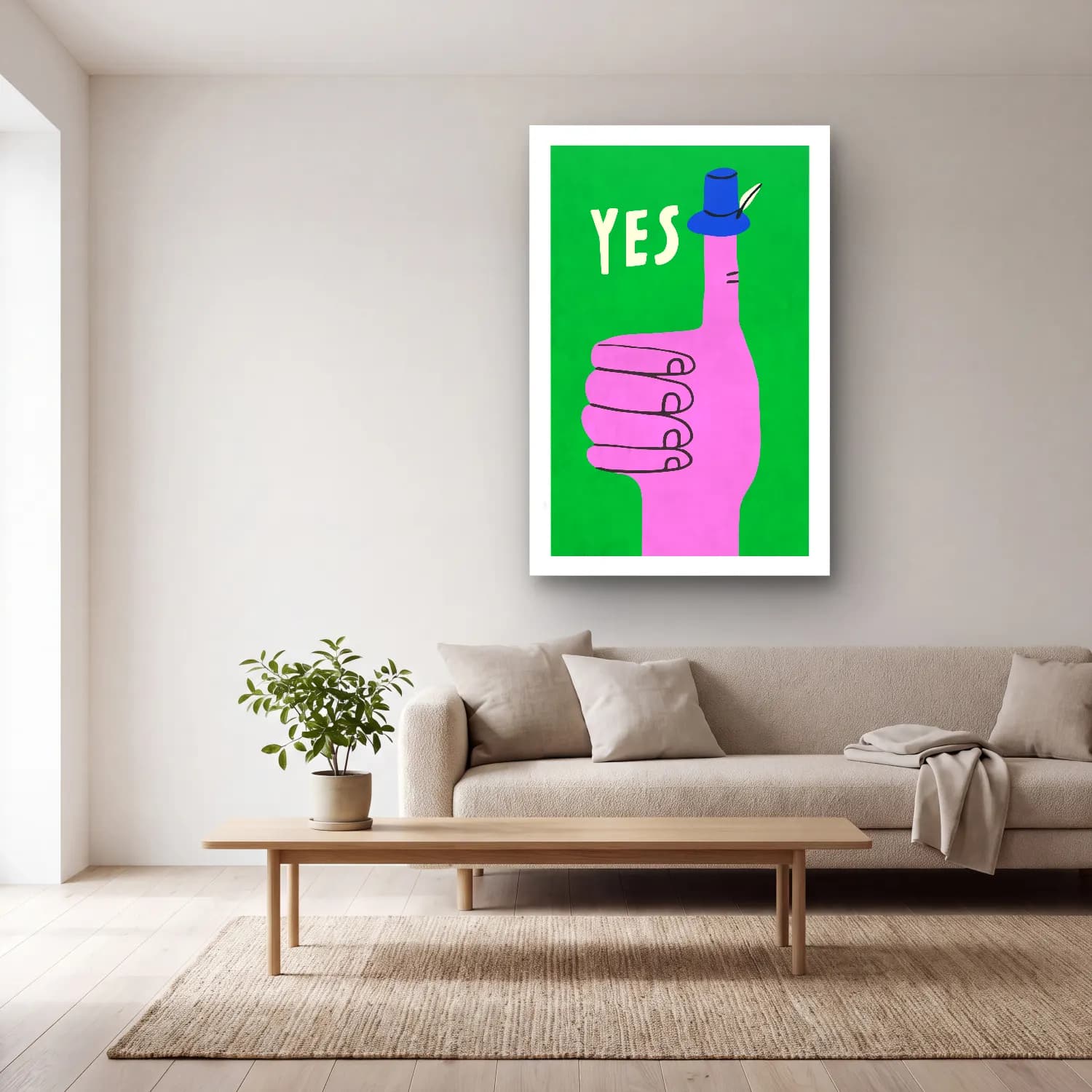 Pop Art Eller cam tablo — açık renk salonda