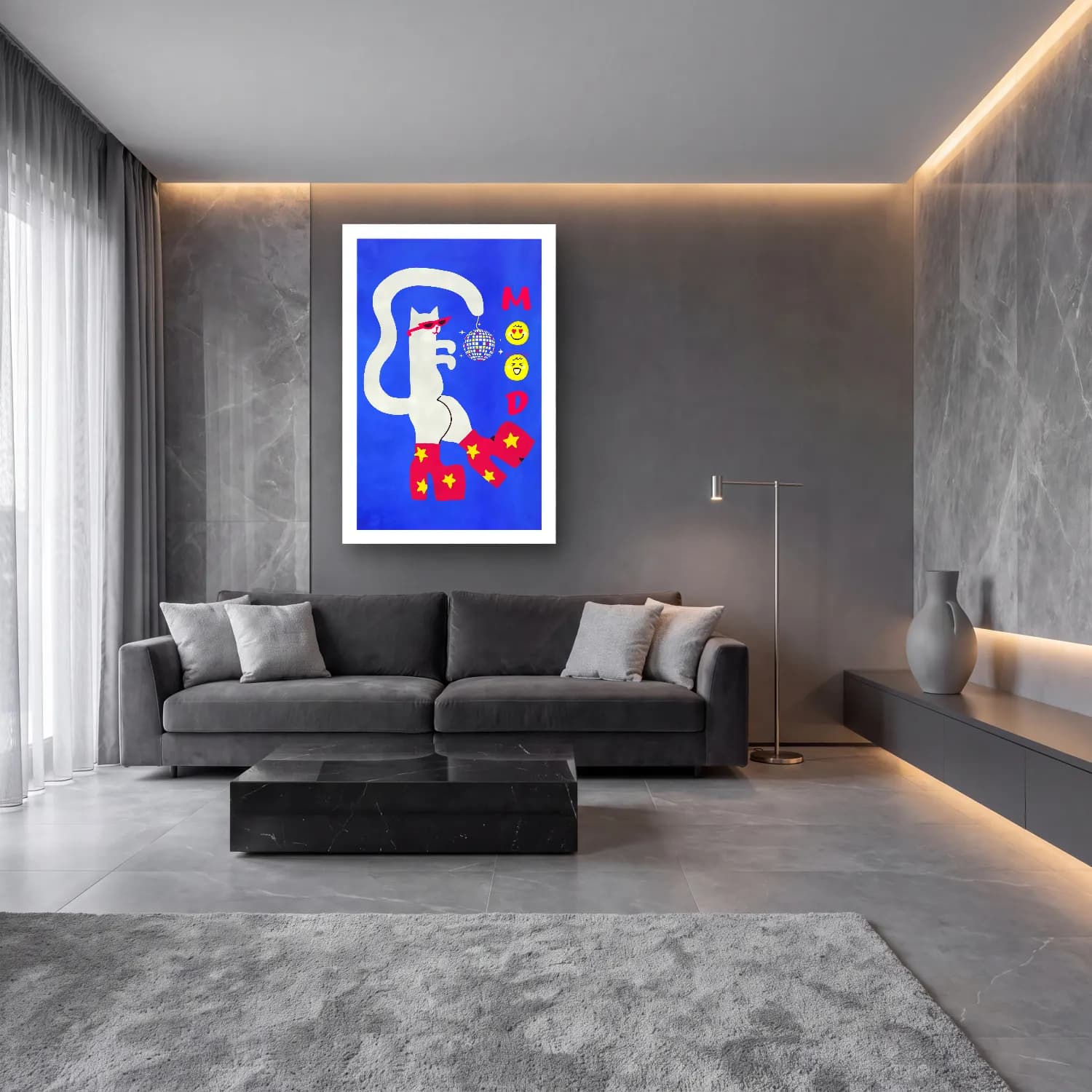 Pop Art Kedi – Mavi Tonlar cam tablo — lüks salon duvarında