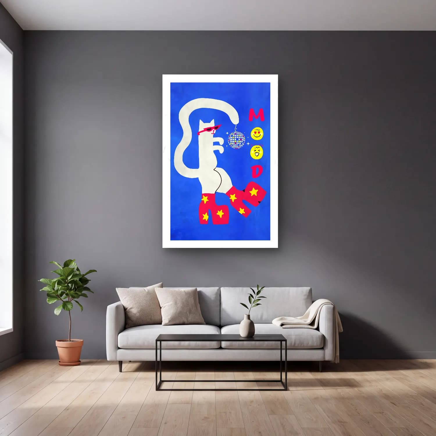 Pop Art Kedi – Mavi Tonlar cam tablo — gri duvarlı salonda