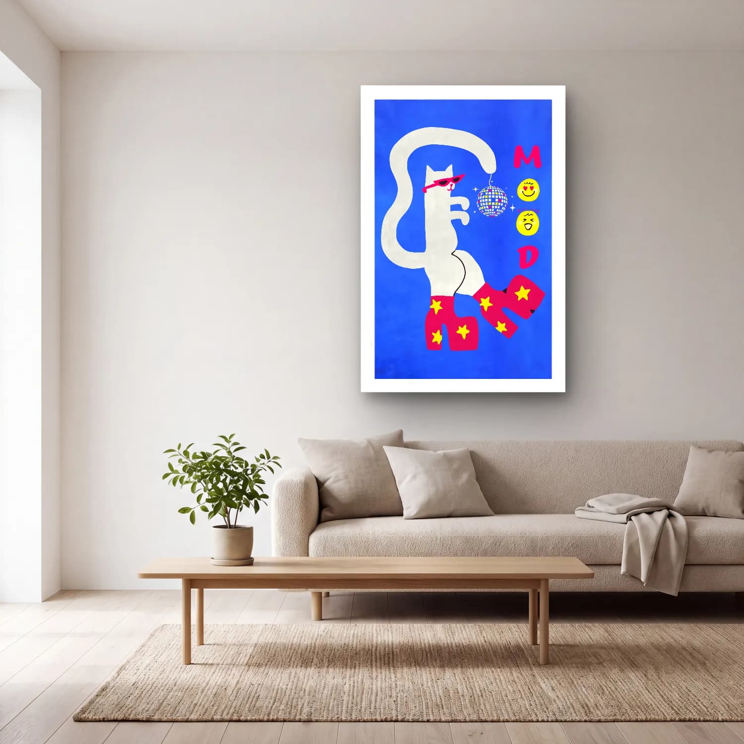 Pop Art Kedi – Mavi Tonlar cam tablo — açık renk salonda