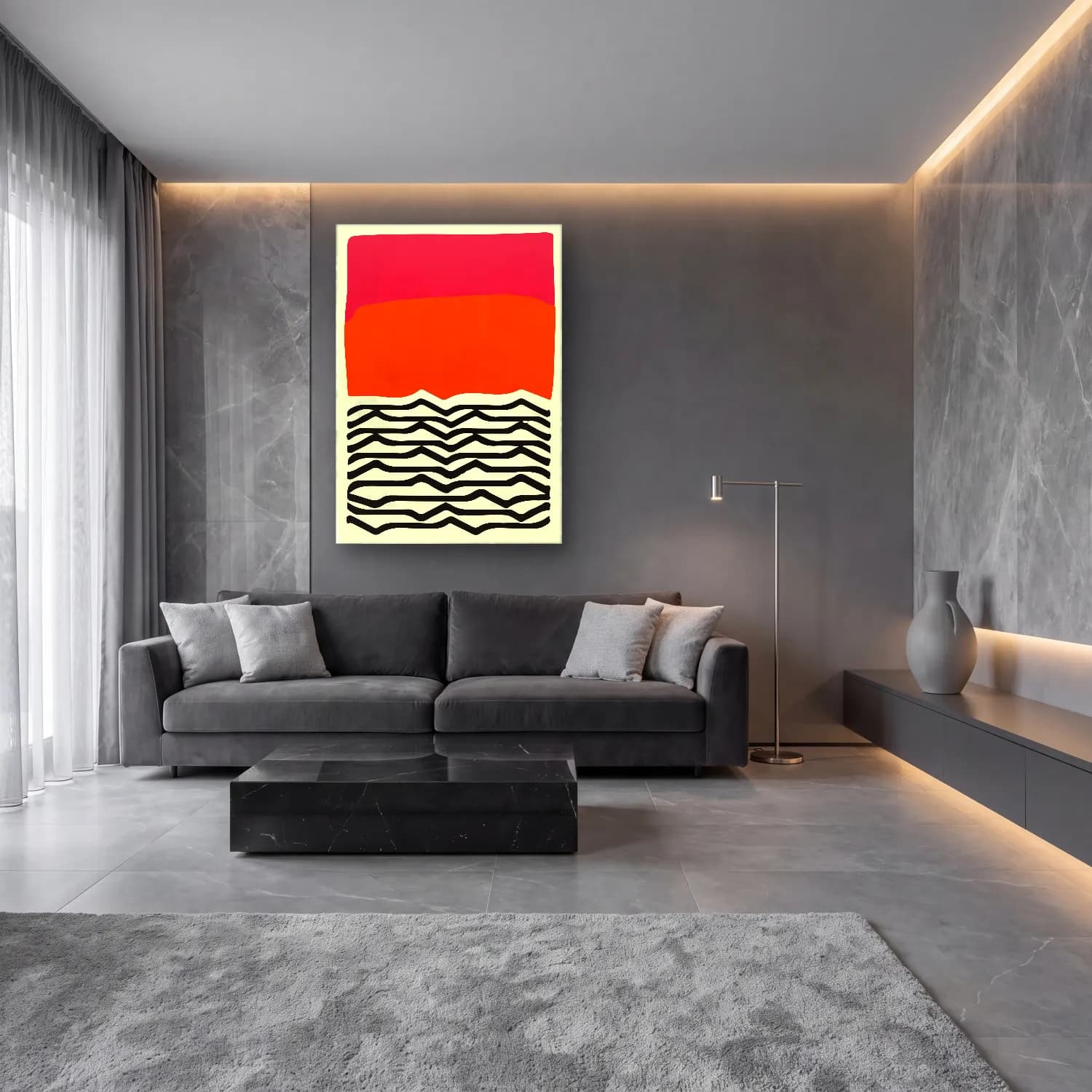 Boho Dalgalı Çizgiler No. 11 cam tablo — lüks salon duvarında