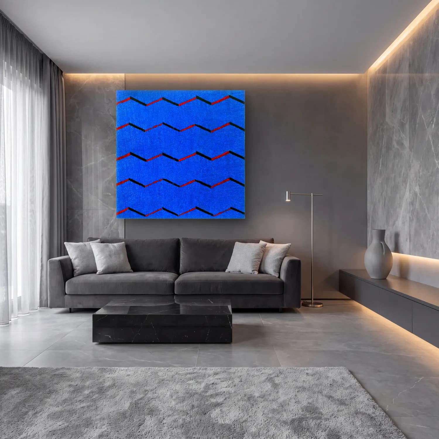 Bauhaus Dalgalı Çizgiler – Mavi Tonlar cam tablo — lüks salon duvarında