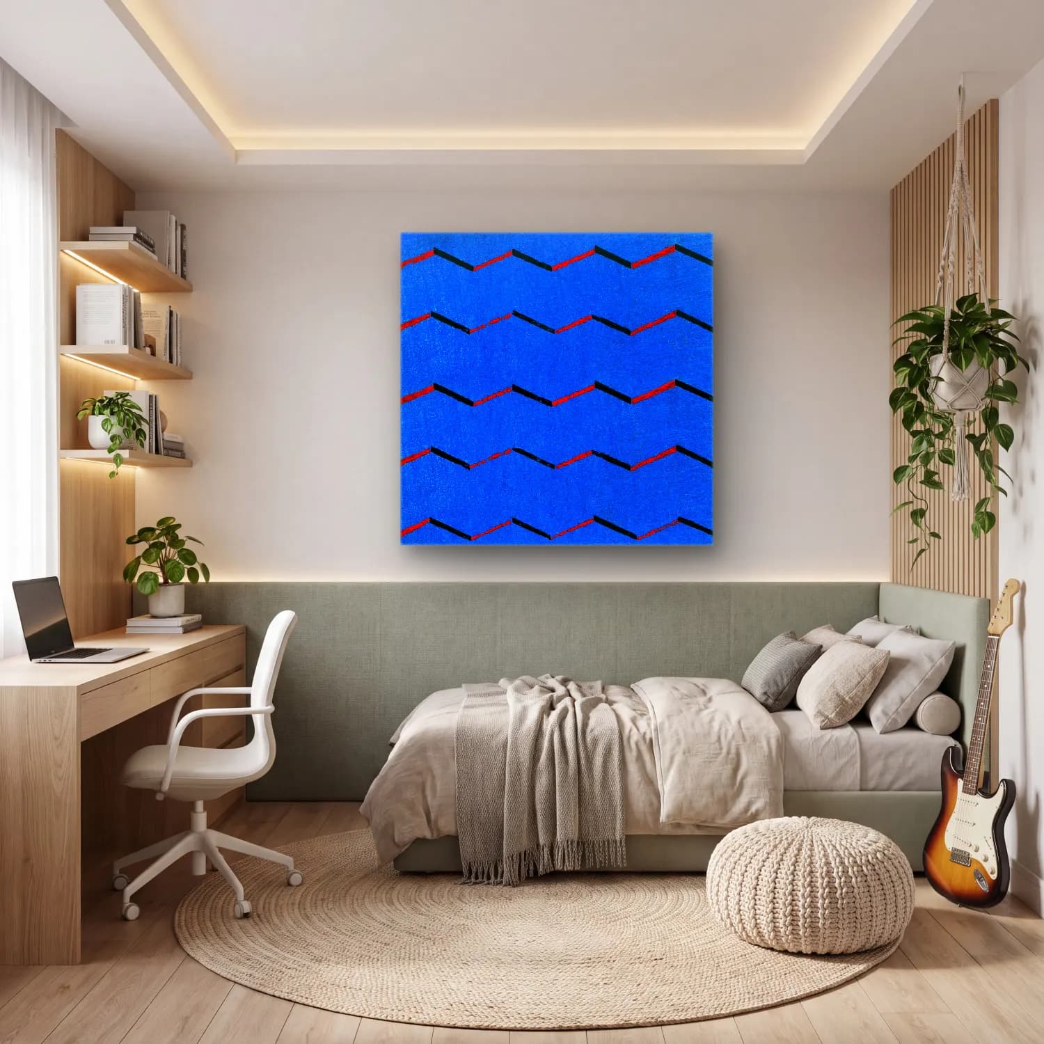 Bauhaus Dalgalı Çizgiler – Mavi Tonlar cam tablo — genç odasında