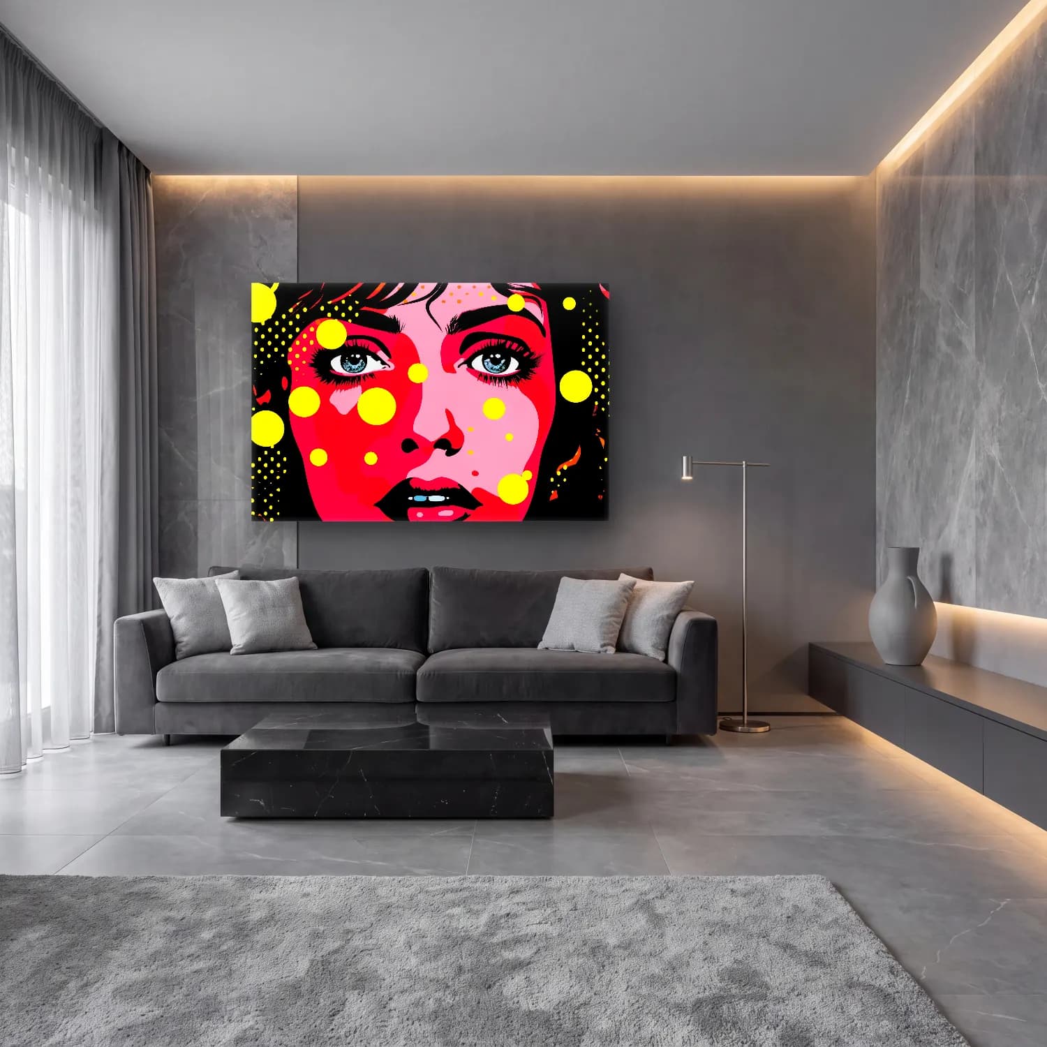 Pop Art Kız Çocuğu Portresi – Pembe Tonlar cam tablo — lüks salon duvarında