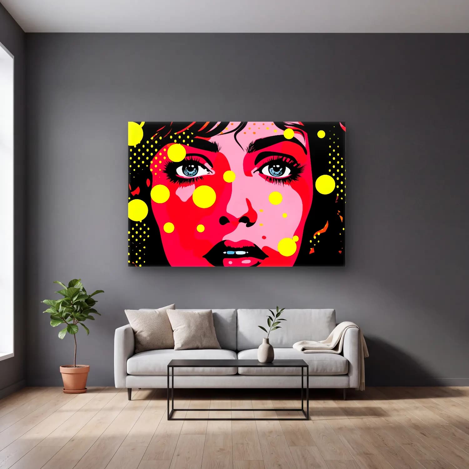Pop Art Kız Çocuğu Portresi – Pembe Tonlar cam tablo — gri duvarlı salonda