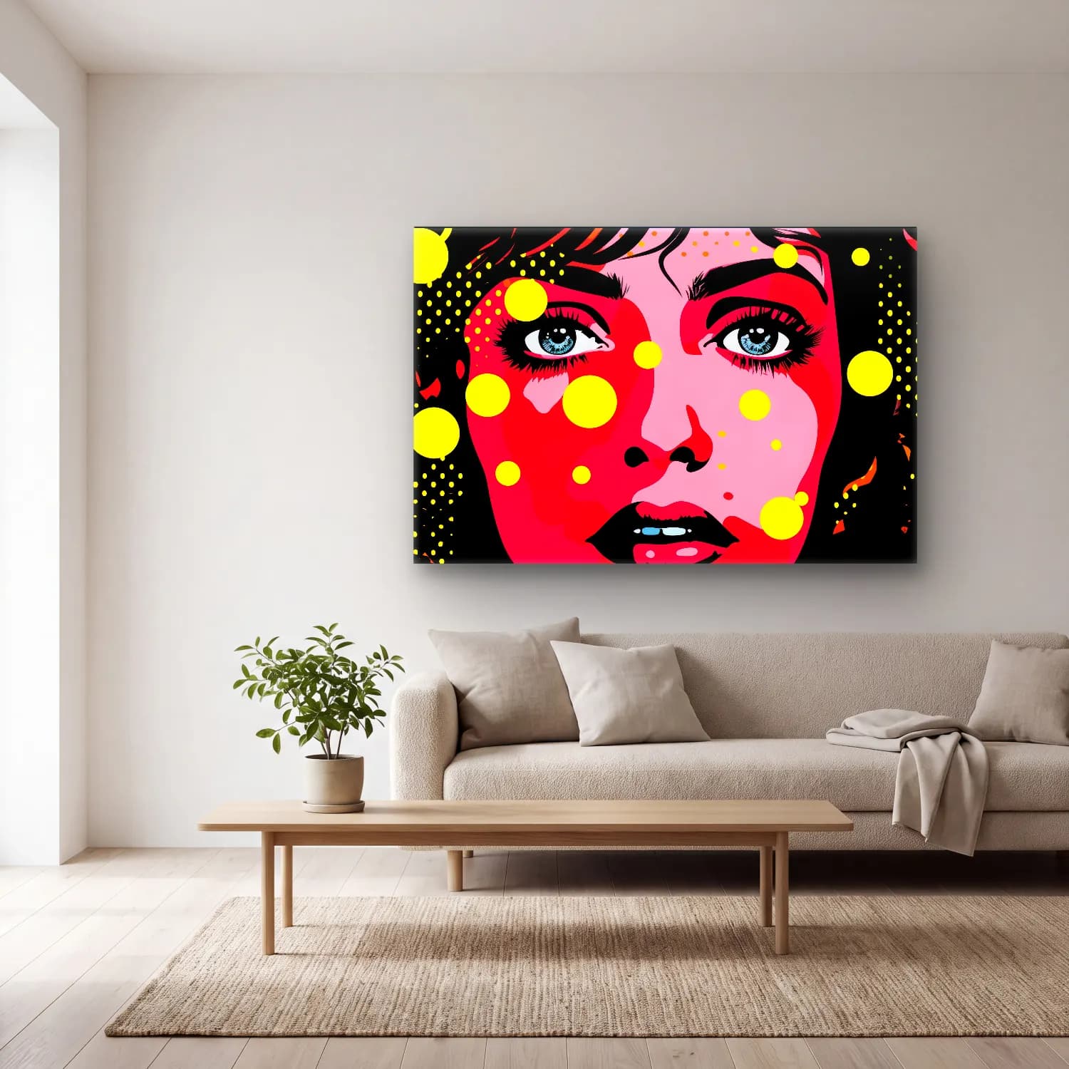 Pop Art Kız Çocuğu Portresi – Pembe Tonlar cam tablo — açık renk salonda