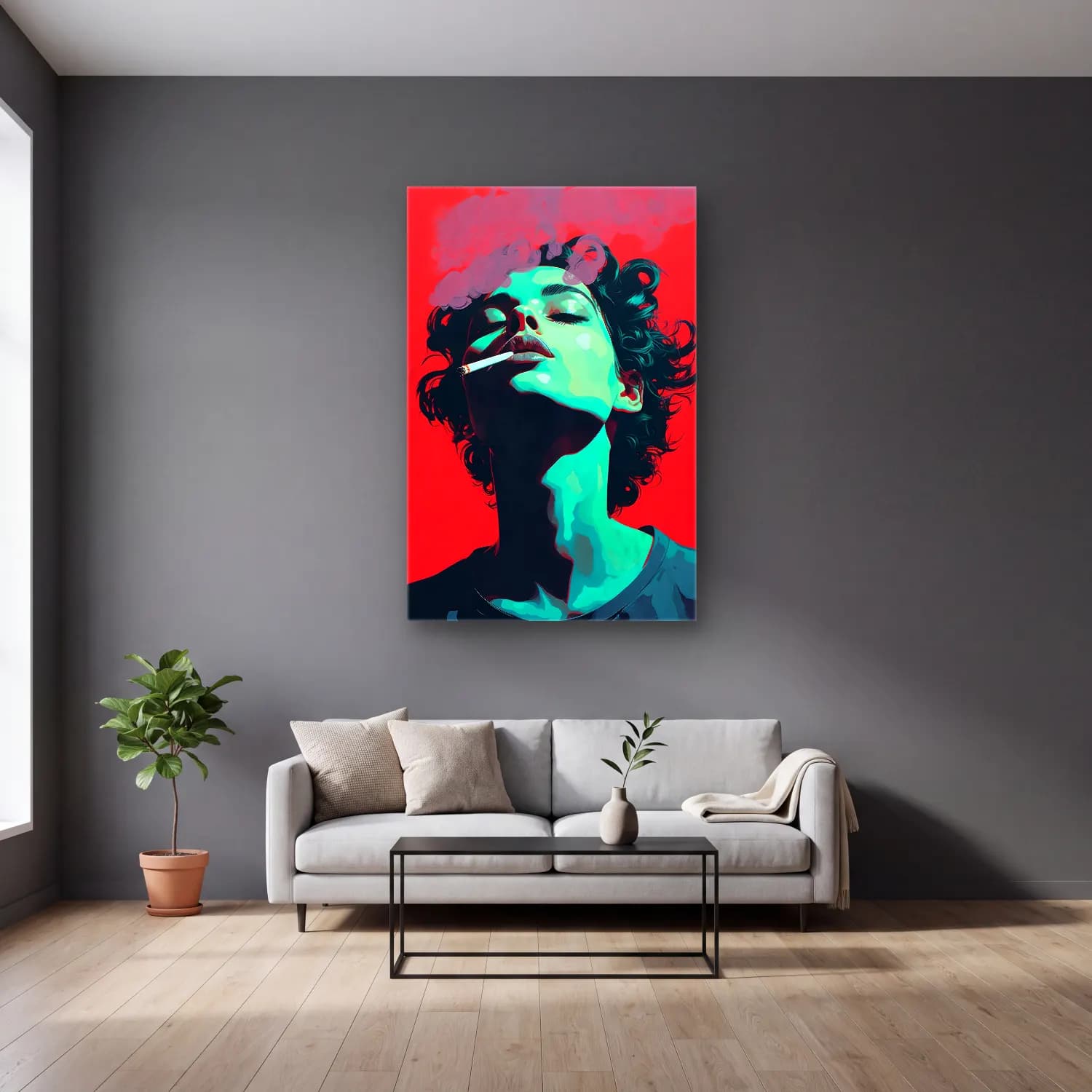 Pop Art Kadın Portresi cam tablo — gri duvarlı salonda