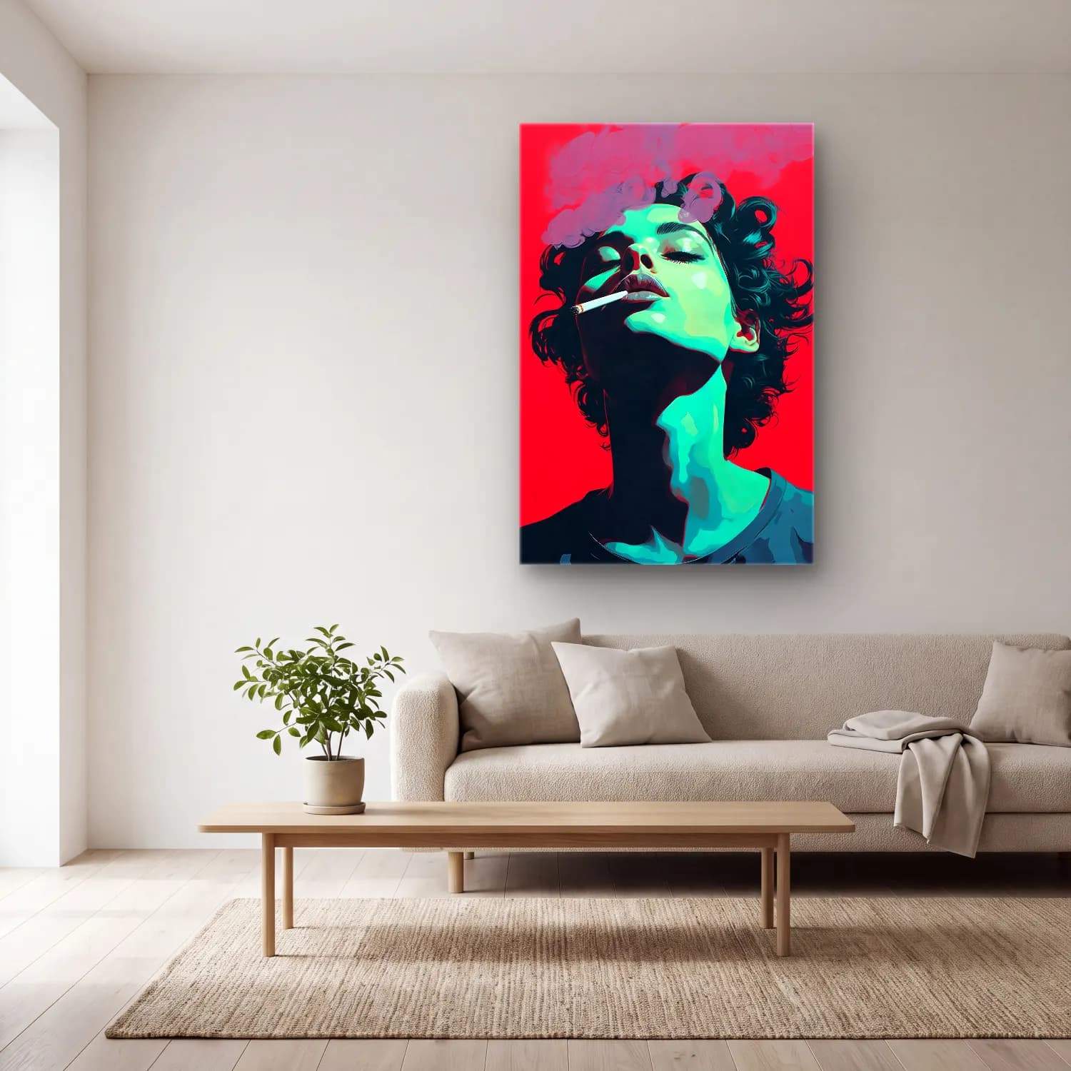 Pop Art Kadın Portresi cam tablo — açık renk salonda