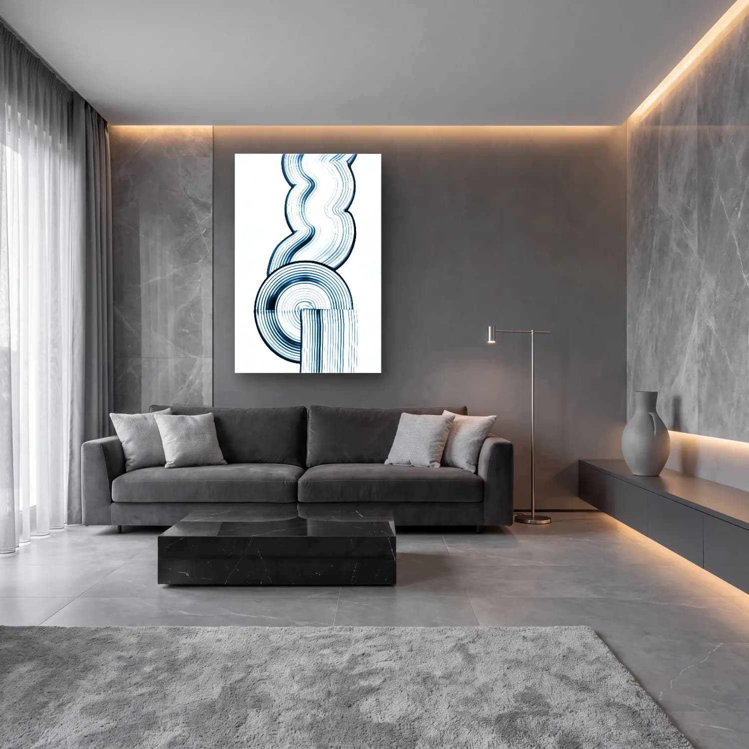 Modern Soyut Dalgalı Çizgiler No. 17 cam tablo — lüks salon duvarında