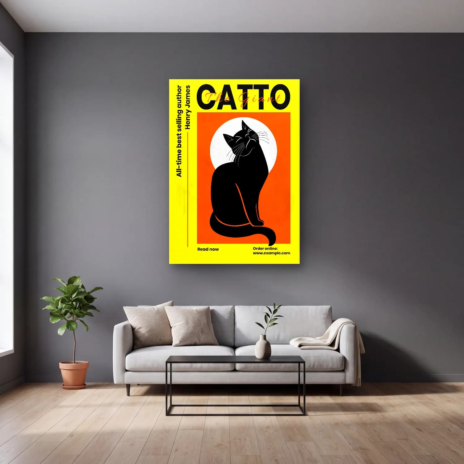 Bauhaus Kedi cam tablo — gri duvarlı salonda