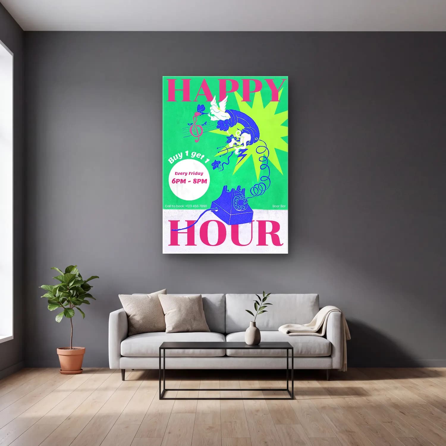 Vintage Poster Melek – Pembe Tonlar cam tablo — gri duvarlı salonda