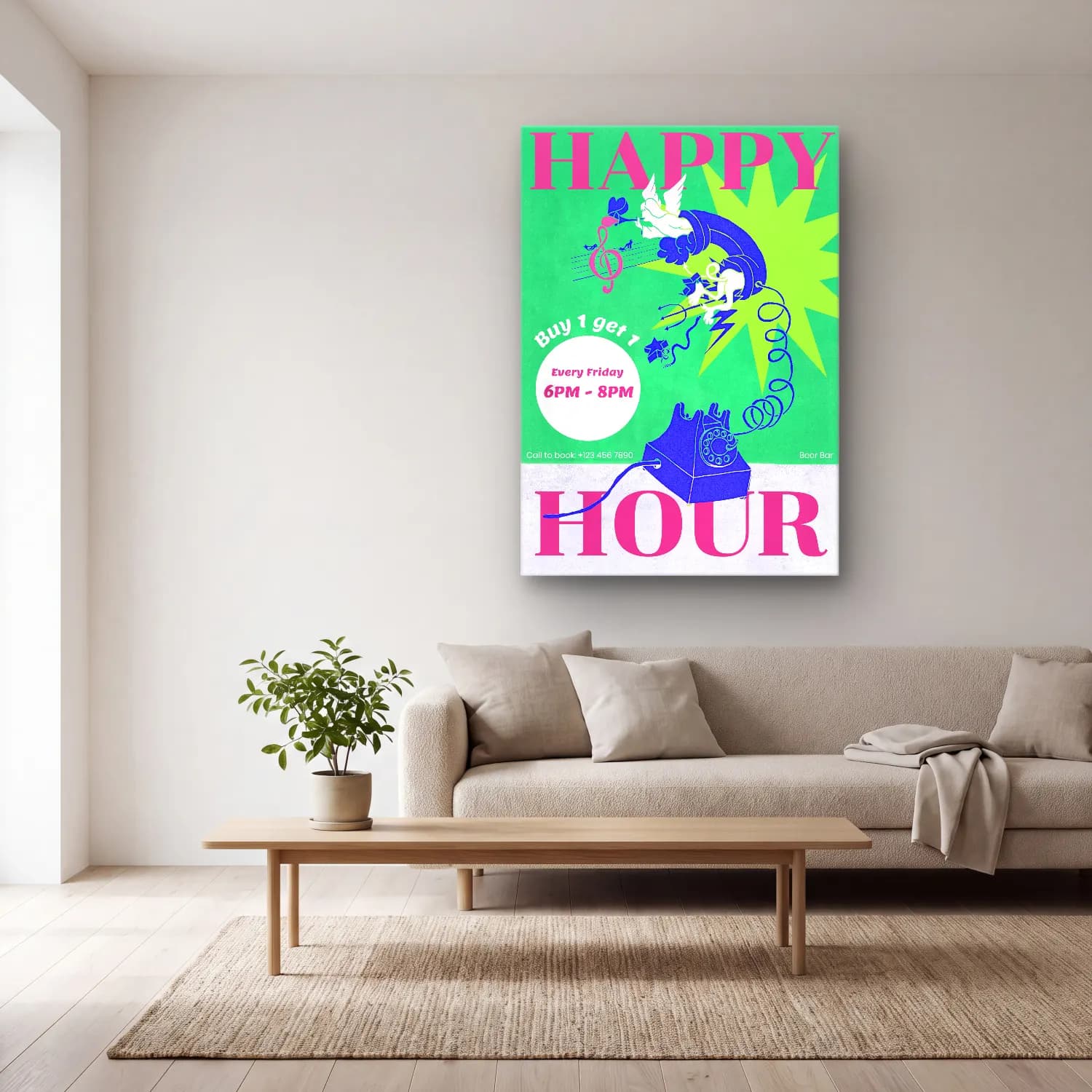 Vintage Poster Melek – Pembe Tonlar cam tablo — açık renk salonda