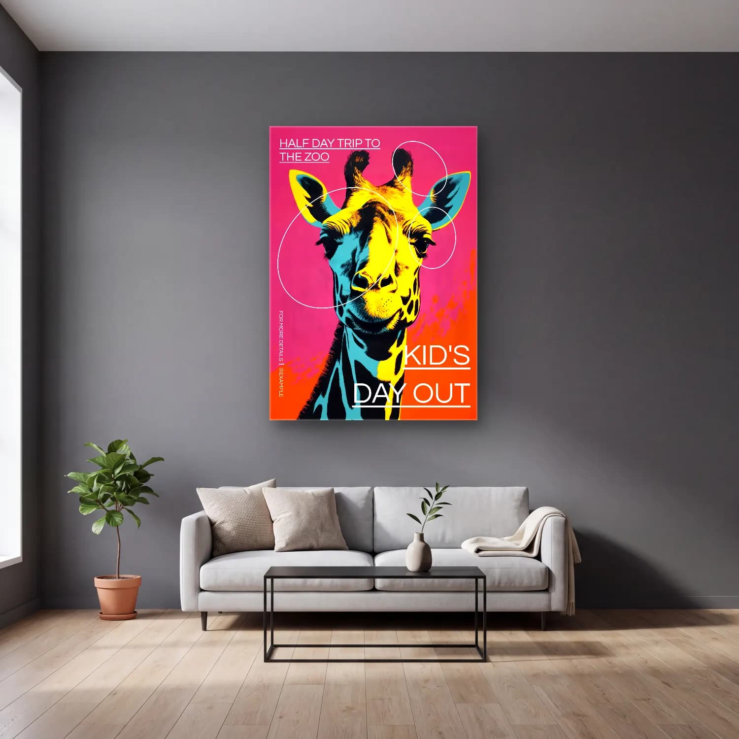 Vintage Poster Zürafa cam tablo — gri duvarlı salonda