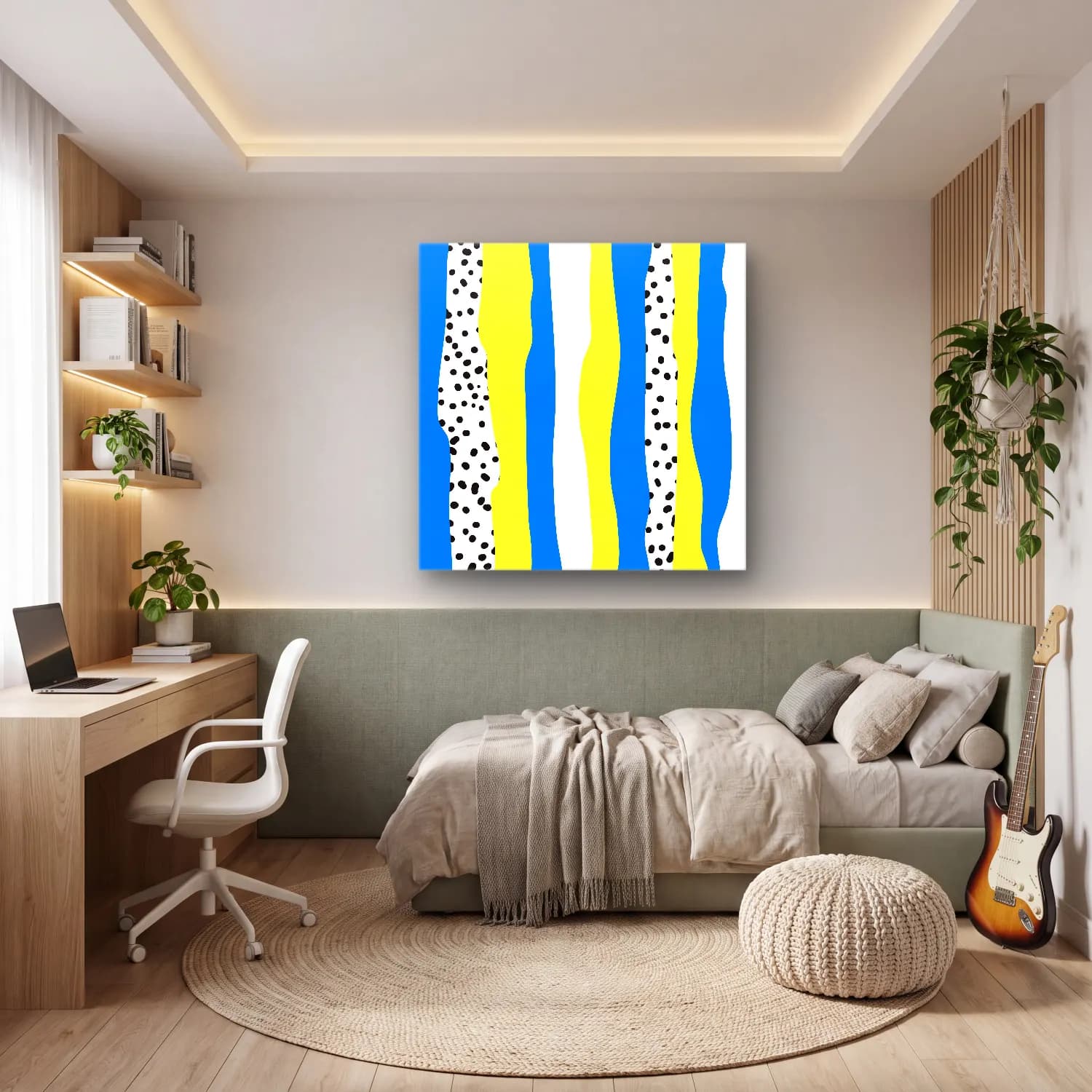 Boho Dalgalı Çizgiler – Mavi Tonlar cam tablo — genç odasında