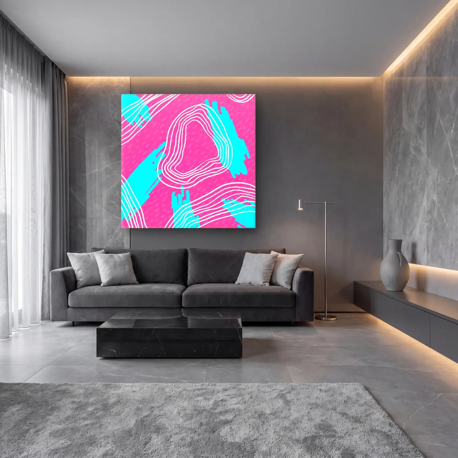 Pastel Dalgalı Çizgiler No. 5 cam tablo — lüks salon duvarında