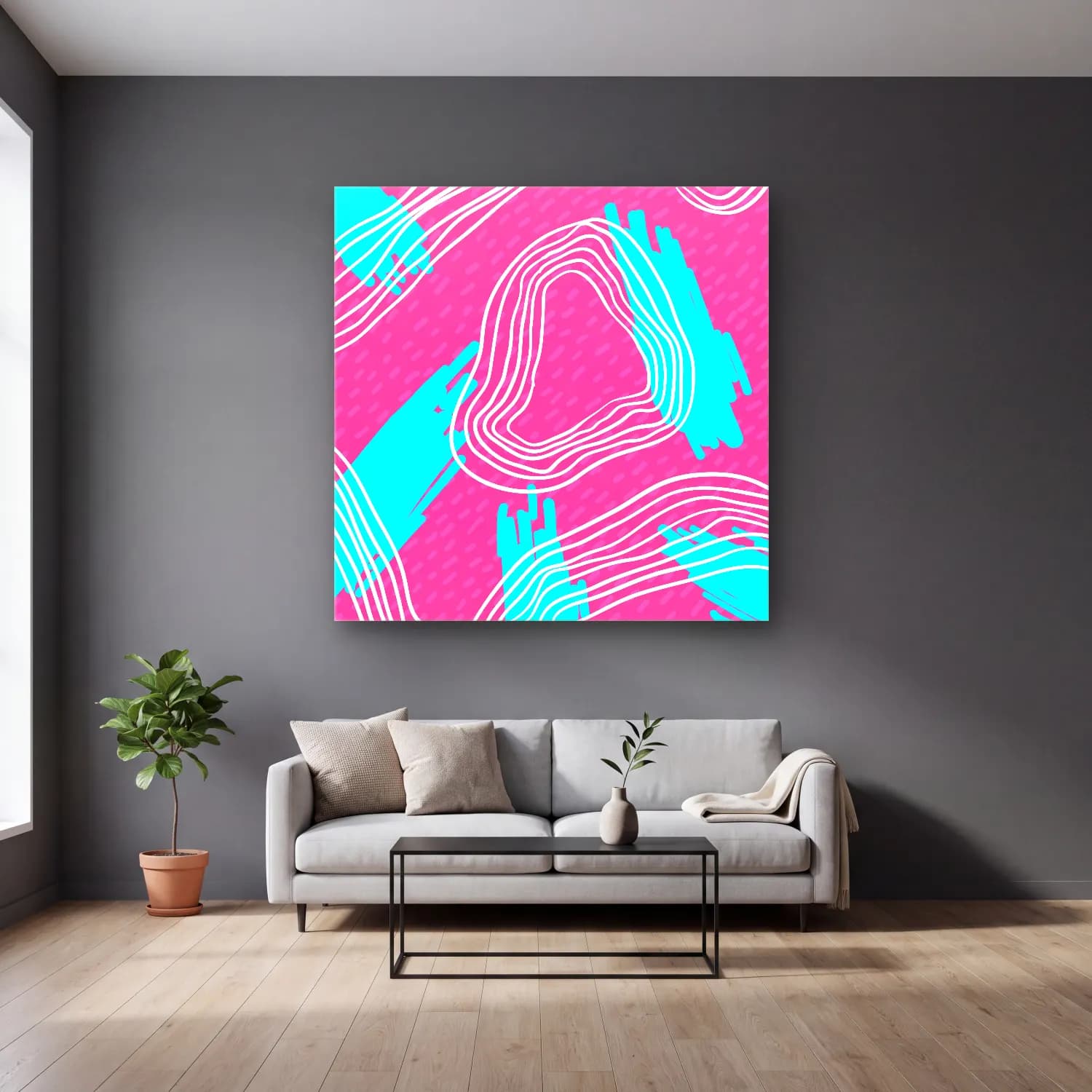 Pastel Dalgalı Çizgiler No. 5 cam tablo — gri duvarlı salonda