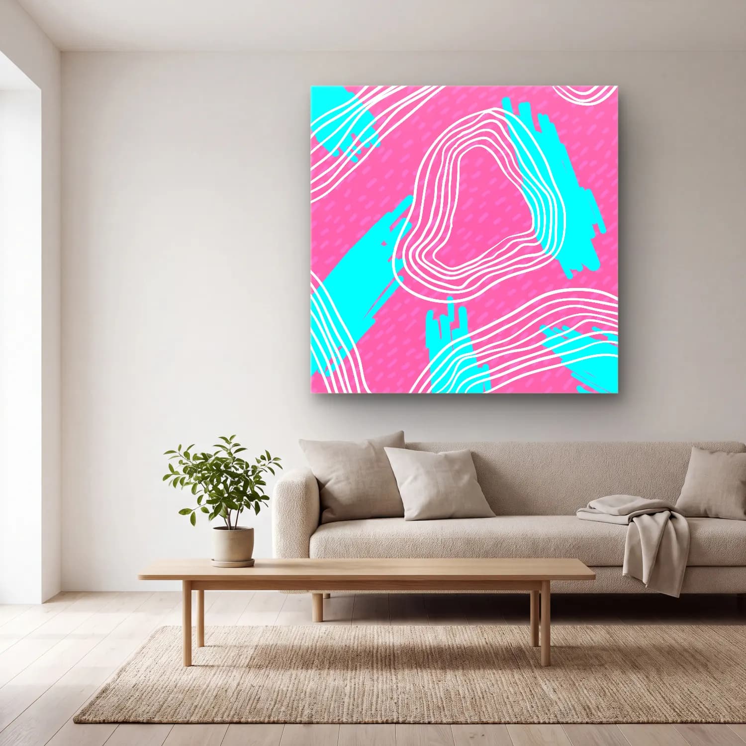 Pastel Dalgalı Çizgiler No. 5 cam tablo — açık renk salonda