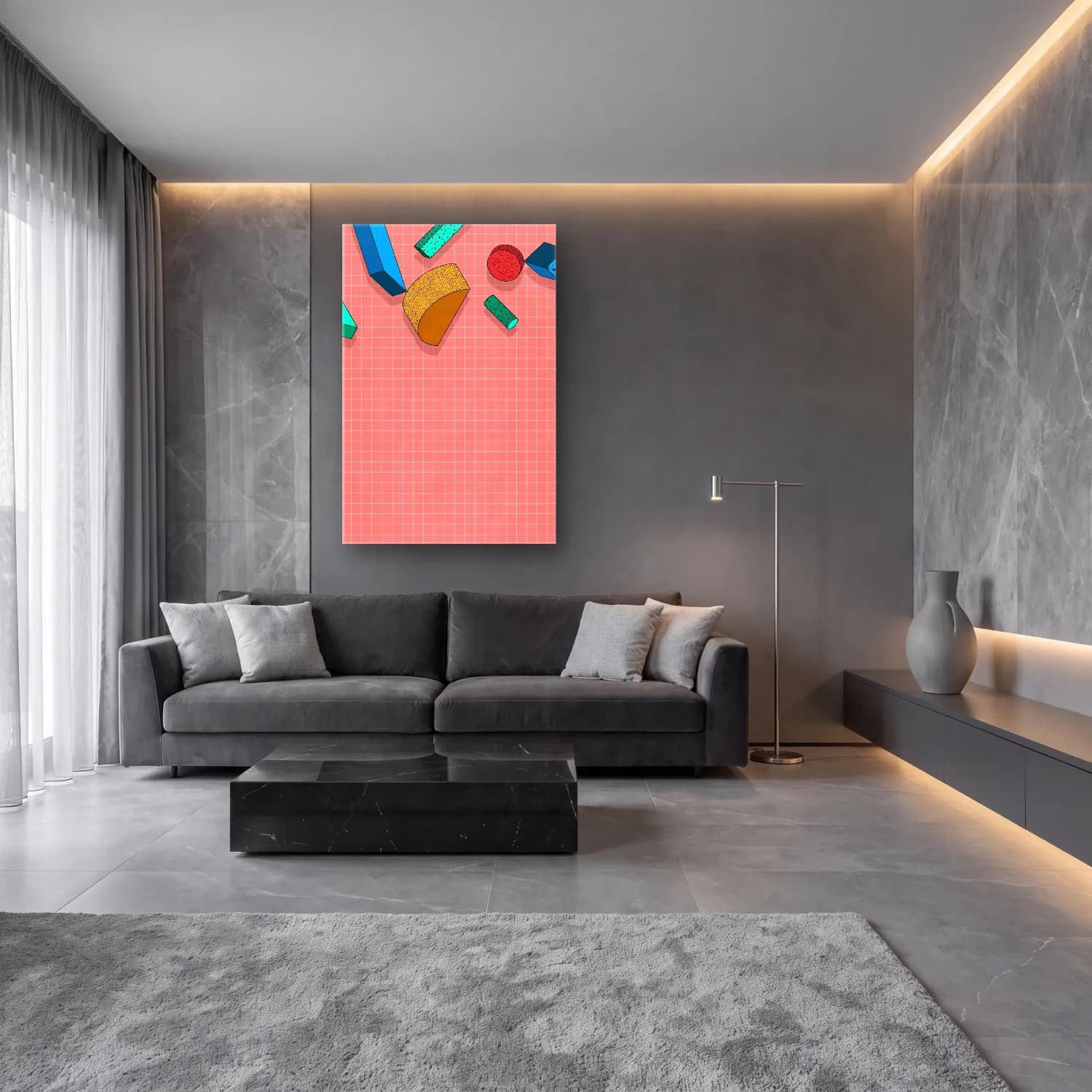 Pastel Soyut Formlar No. 5 cam tablo — lüks salon duvarında