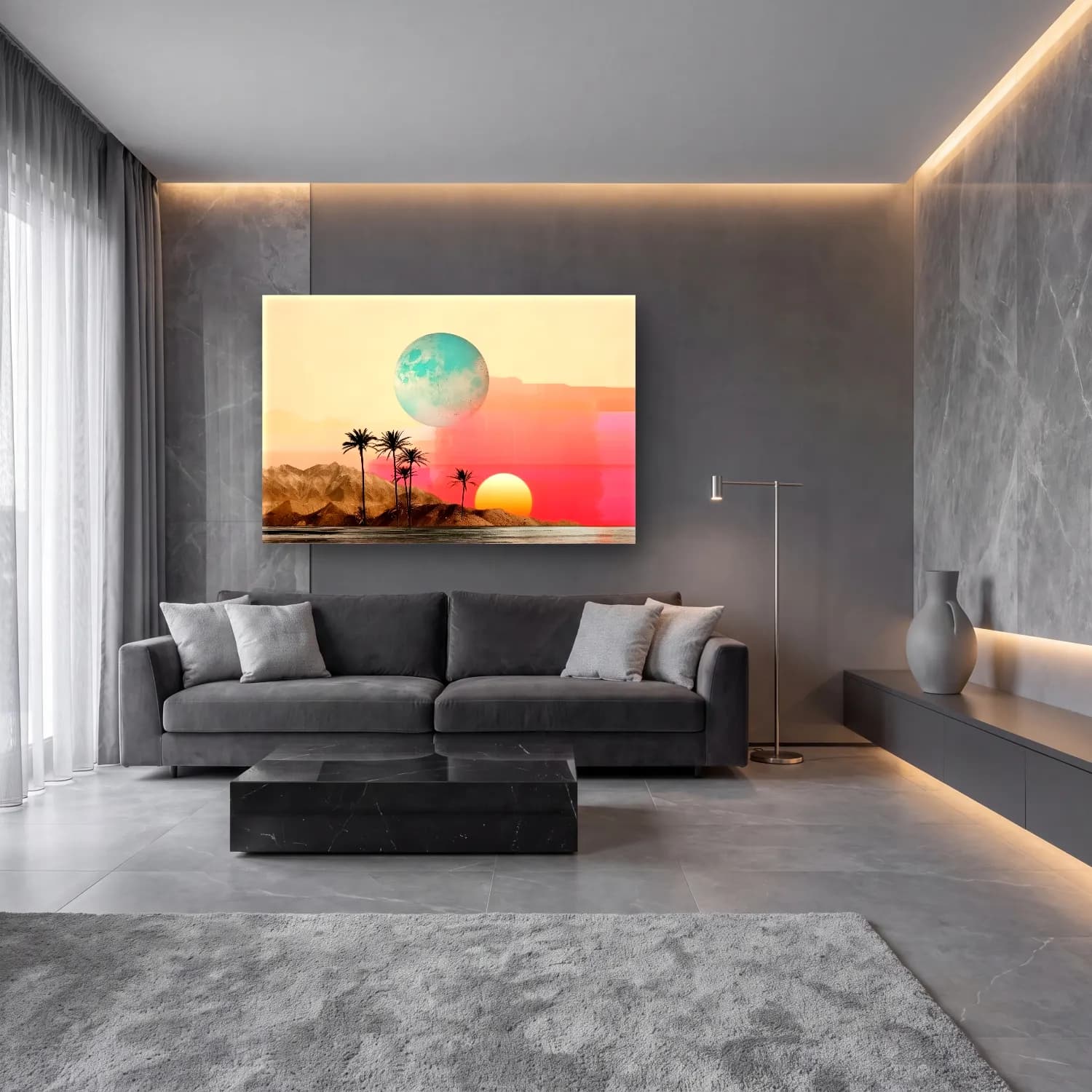 Pastel Soyut Manzara – Turkuaz Tonlar cam tablo — lüks salon duvarında