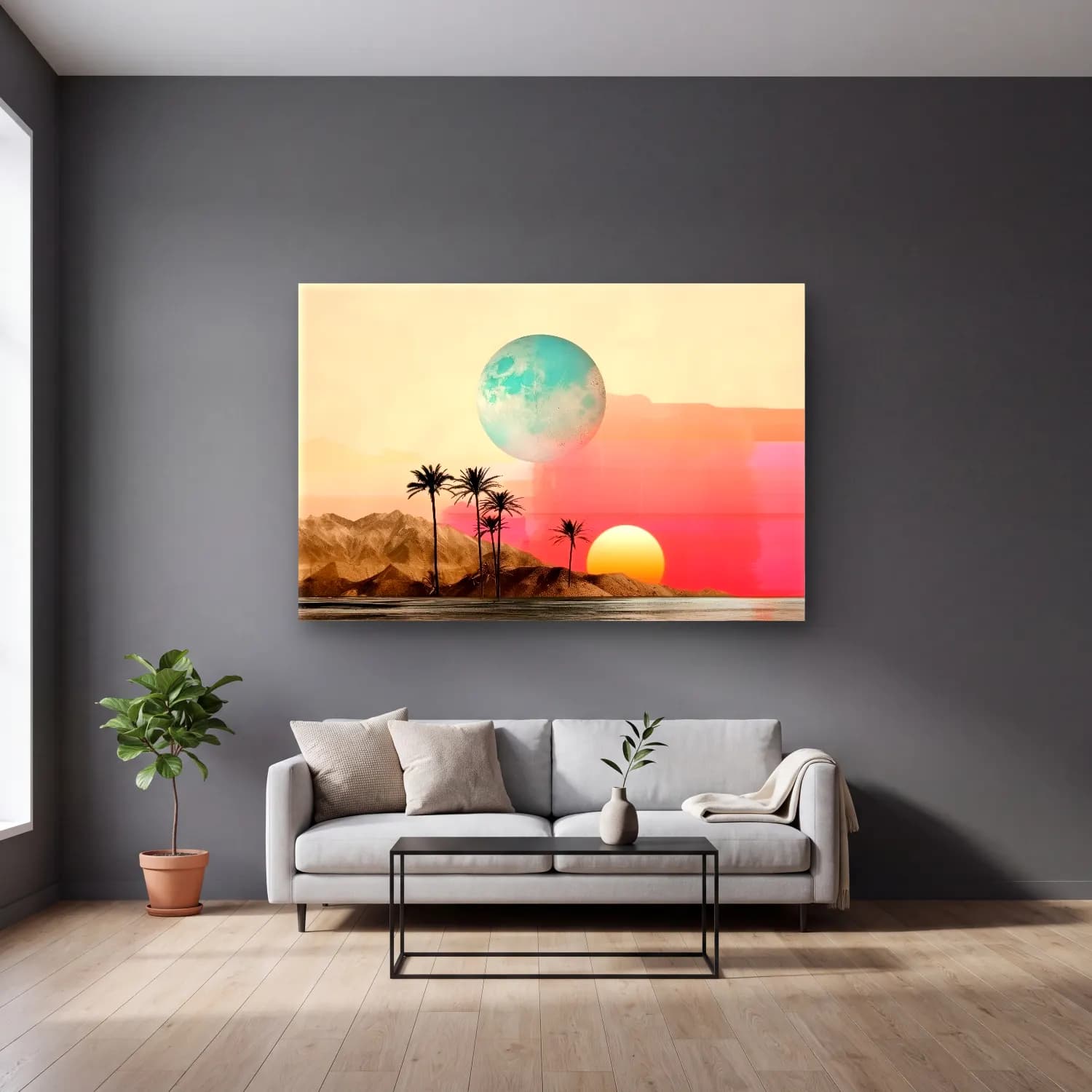 Pastel Soyut Manzara – Turkuaz Tonlar cam tablo — gri duvarlı salonda